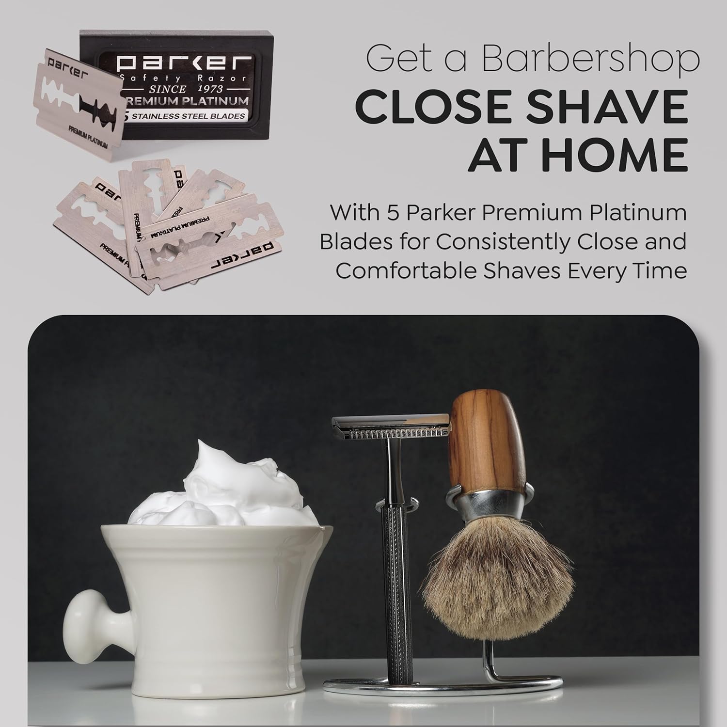 Parker 78R Double Edge Safety Razor with 5 Safety Razor Blades, Women & Men’s Safety Shaving, Reusable, Plastic-Free – Graphite