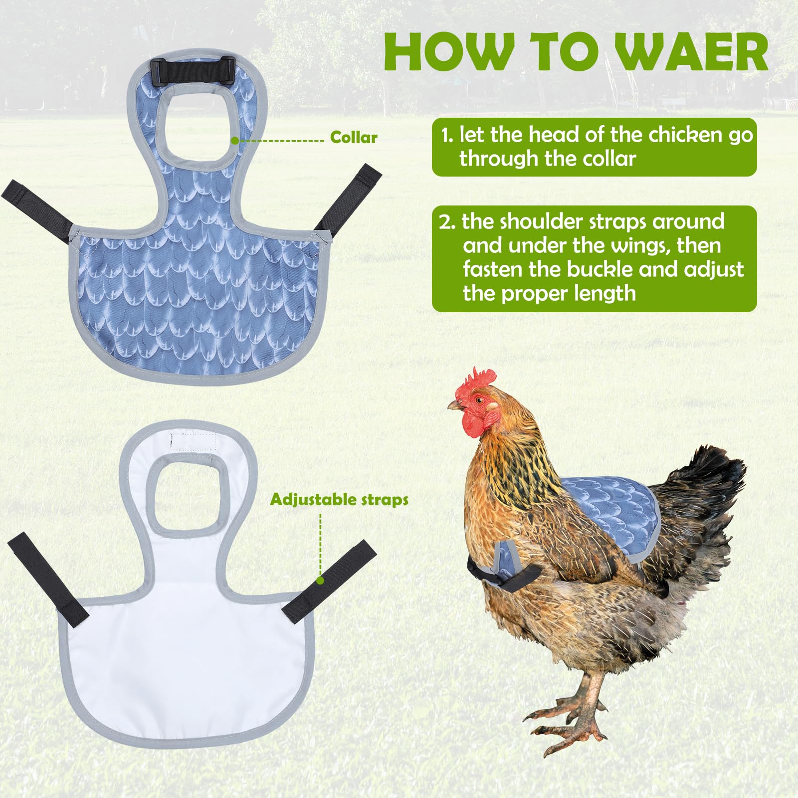 Chicken Saddle for Hens, Laelr 4 PCS Chicken Apron Back Protector for Hens, Waterproof Hen Saddle Chicken Vest with Adjustable Straps for Poultry Back Feather Protection, Easy to Wear — view 3