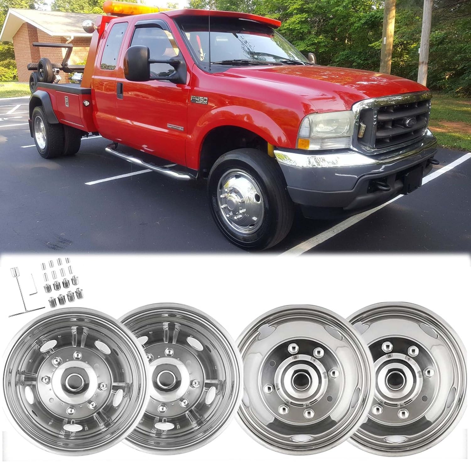 4pcs 19.5inch Polished Stainless Steel Dually Wheel Simulators, Nice Looking Bolt On Wheel Cover, 8 Lug Hubcaps fit for 1999-2004 Ford F450 F550 with Installation Tools