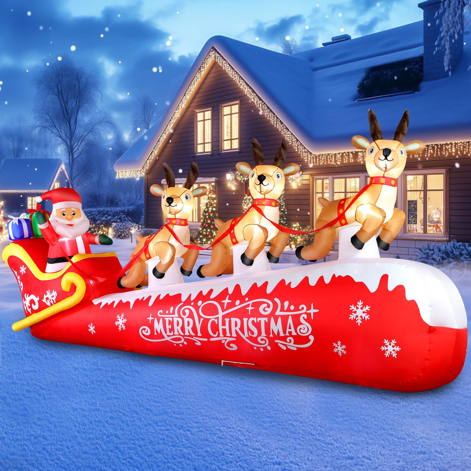 Décoration de Noël Gonflable de 360 cm/12 Pieds, Trois Rennes tirant Le traîneau du Père Noël, étanche IP44, gonflage Rapide en 1 Minute, Convient pour Les Jardins/Places publiques, etc