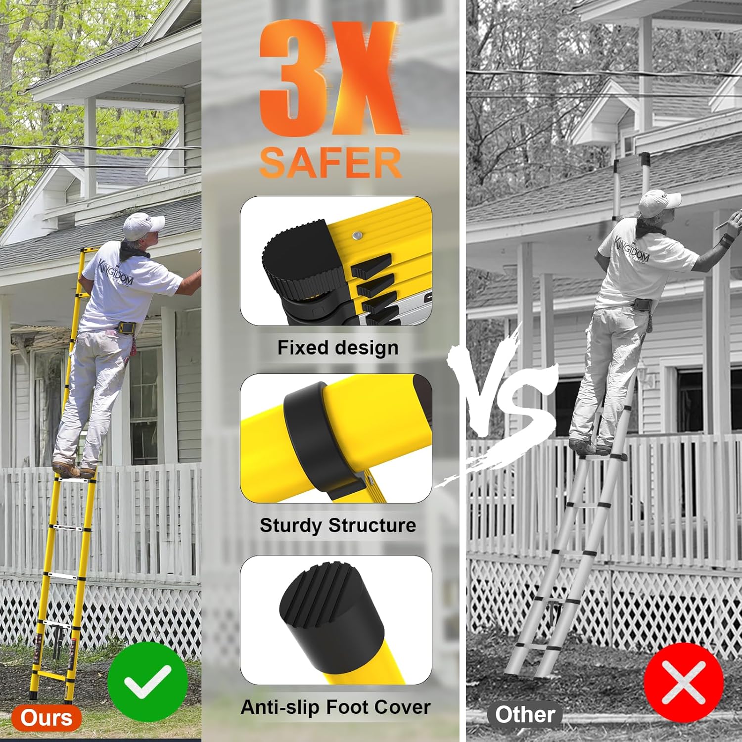 Collage showing the compact LUISLADDERS telescoping ladder stored in a car trunk, on a shelf, and upright in a closet, highlighting its space-saving design.