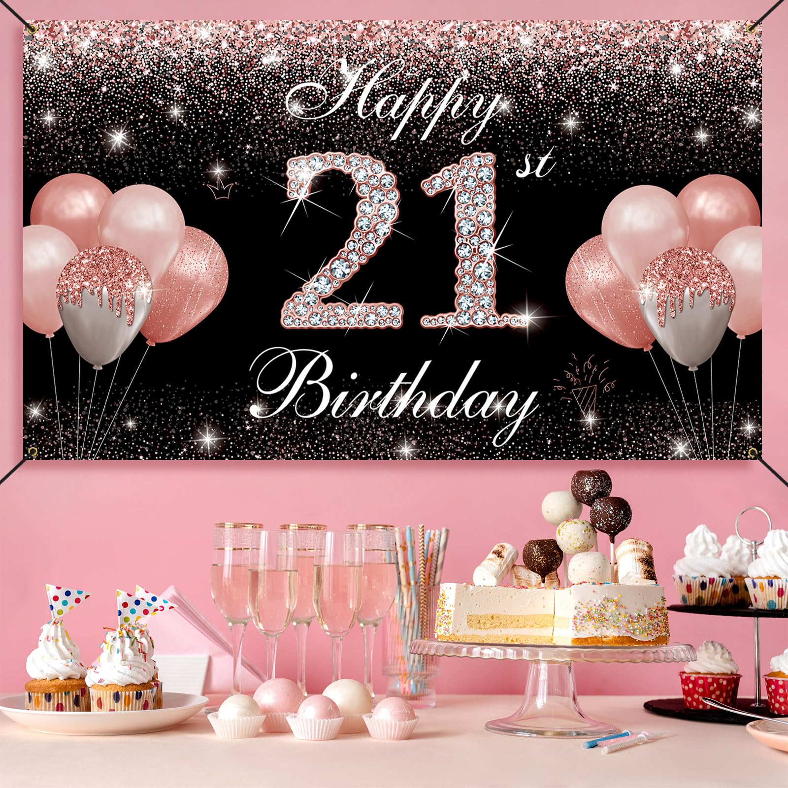Happy 21st Birthday Banner & Cake Topper Set - Pink Glitter Party Decorations For Women, DIY Garland & Sign - View #4