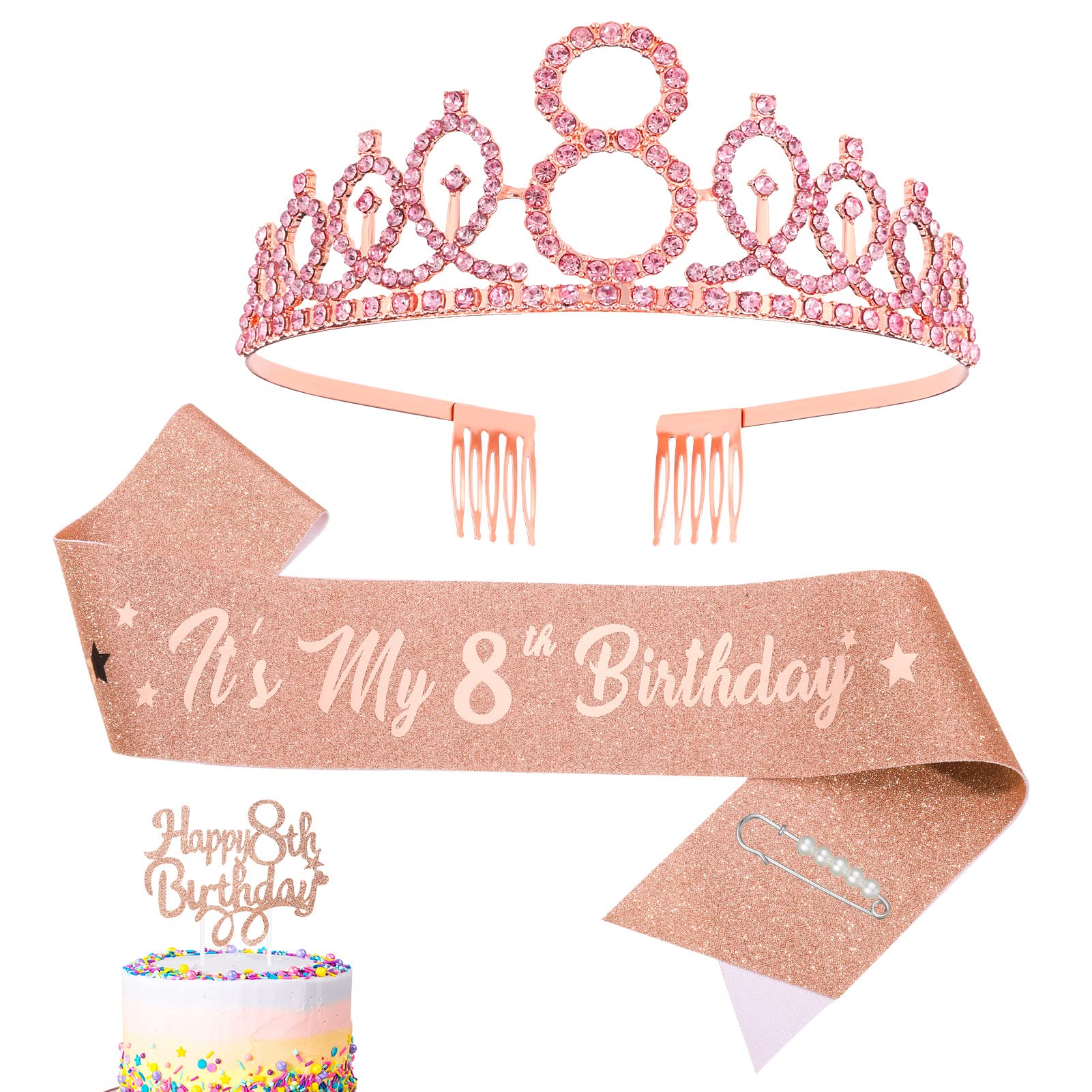 AKlamater 8th Birthday Sash and Tiara,It's My 8th Birthday Sash Rhinestone Crown Happy Birthday Cake Topper for Girls Birthday Gift Party Decorations Supplies(Pink 8th)