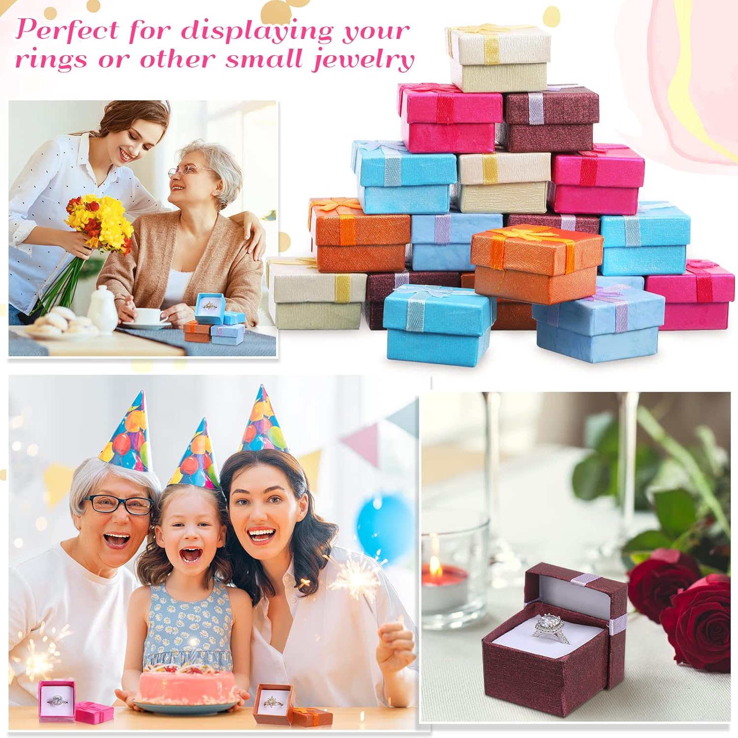 Bucherry 72 Pcs Ring Boxes 1.6 x 1.6 In Hard Cardboard Jewelry Box with Ribbon Bow Small Jewelry Gift Cases for Small Business(Elegant Color)