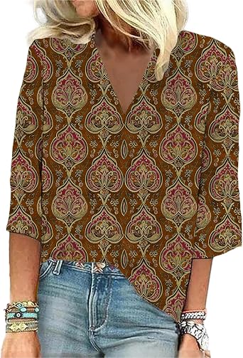 Boho 3/4 Length Sleeve Women Tops Floral Printed V Neck Blouses Dressy Casual Graphic Tees Vacation Summer Shirts