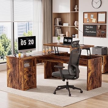 L Shaped Standing Desk with Drawers, 56" x 56" Wood Corner Office Desk with Lift Top, Power Outlets, Height Adjustable with Storage, Rustic Brown