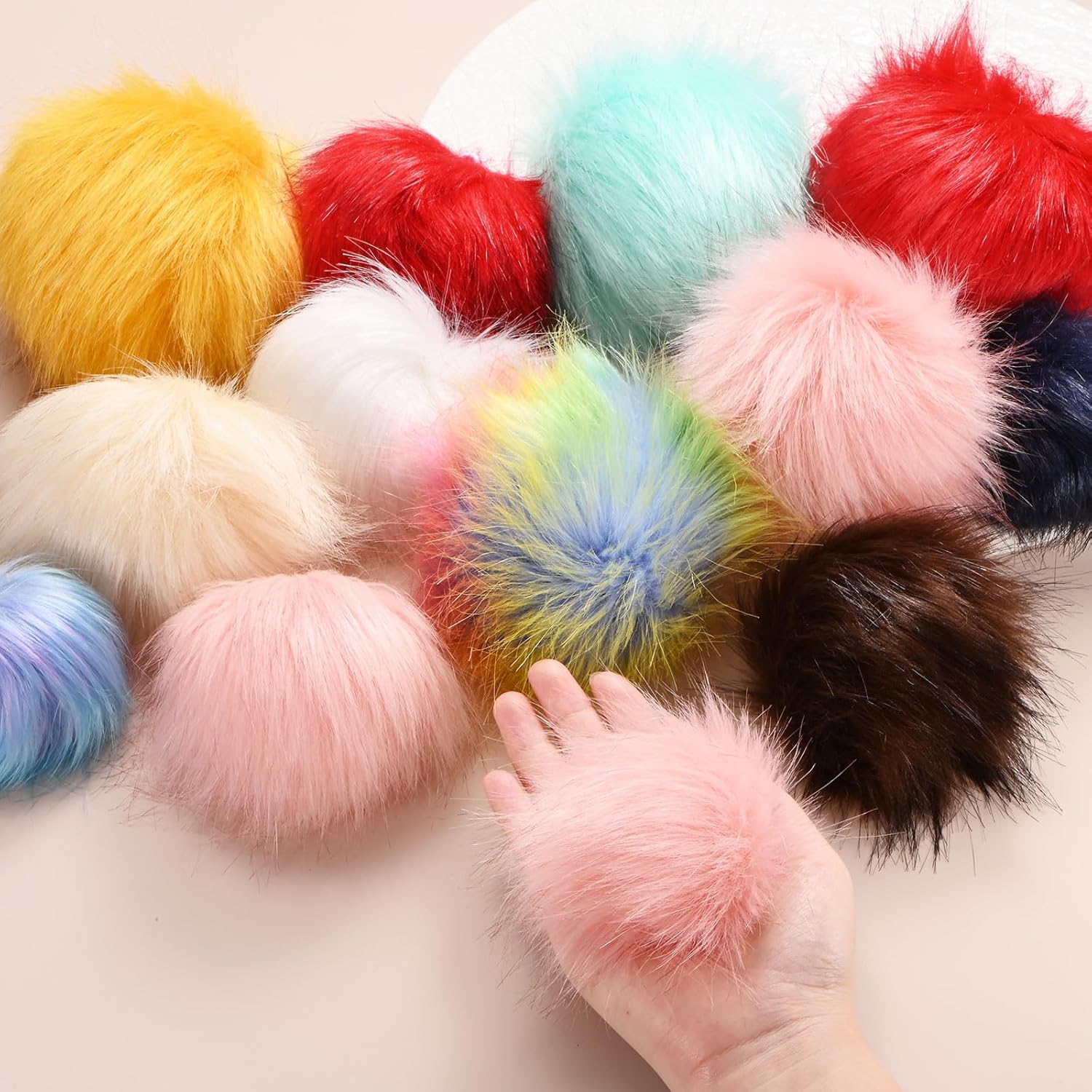 M METERXITY 6-Pack Faux Fur Pom Poms, 1.2 Inch/ 3.9 cm Soft Fluffy Pompoms Balls with Elastic Loop for Hats/Bags/Keychains/Knitting Accessories/DIY Crafts [Beige] - Image 7