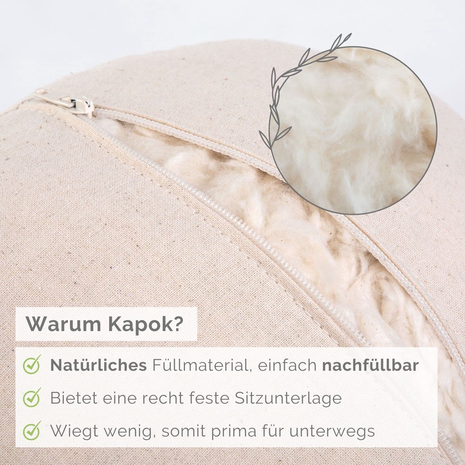 Bodhi Meditationskissen Rondo | ECO Serie | Yogakissen mit Kapokfüllung | Abnehmbarer Bezug aus 100% Bio-Baumwolle | Höhe 20 cm | Sitzkissen mit praktischer Trageschlaufe