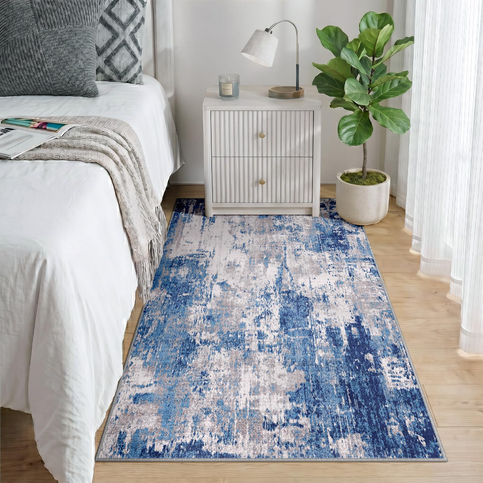 INOVADAY Washable Rugs Living Room 80x150 cm Modern Abstract Rug with Soft Low Pile Vacuum Friendly Non Slip Backing Minimalist Carpet for Lounge Bedroom Dining Room Home Office Blue/Grey — image 1
