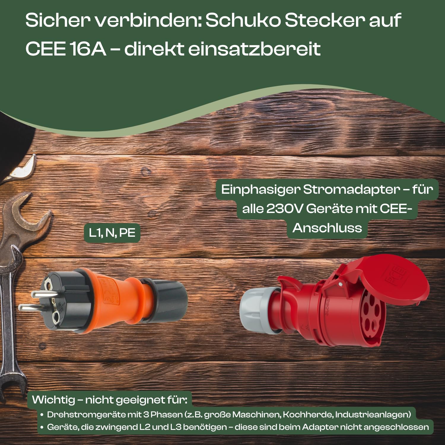 Adapter Schuko Stecker 230V auf CEE 16A 5-polig Kupplung 0,5m Starkstrom Stromadapter Schutzkontakt Ladekabel Elektroauto Adapter Verlängerungskabel IP44