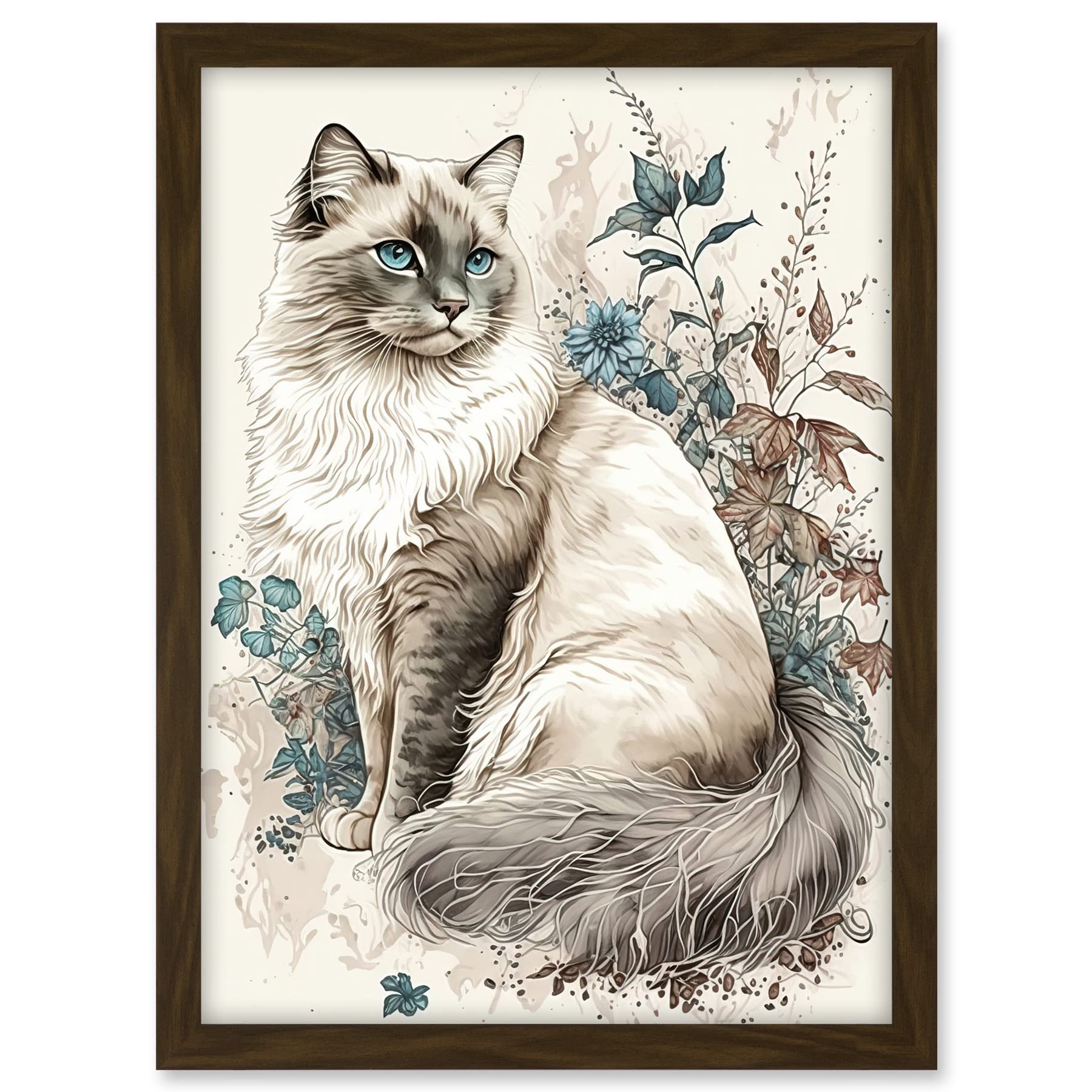 Artery8 Blue Point Ragdoll Cat with Flowers Watercolour Illustration Artwork Framed A3 Wall Art Print