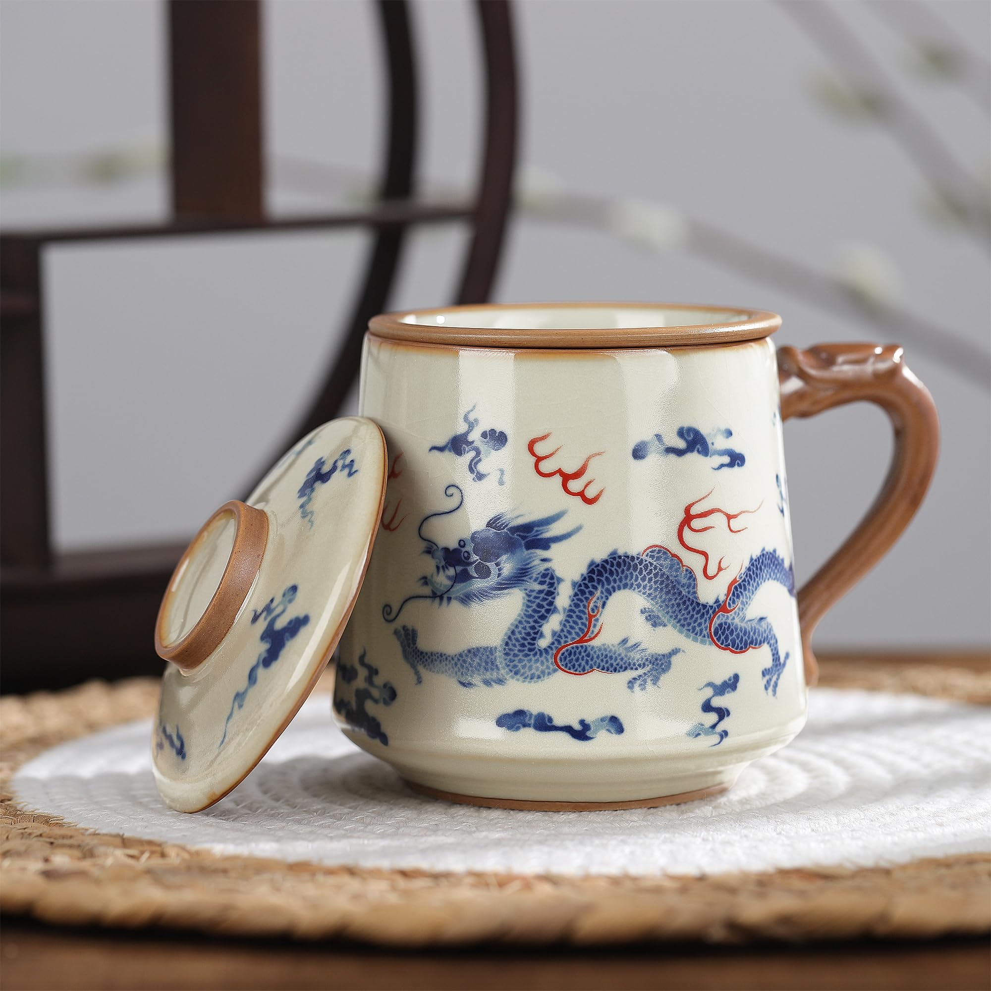 fanquare Chinese Tea Cups with Infuser and Lid, Blue Loong Tea Mugs, Porcelain Large Tea Steeping Mug for Home Gifts 450ml - Image 2