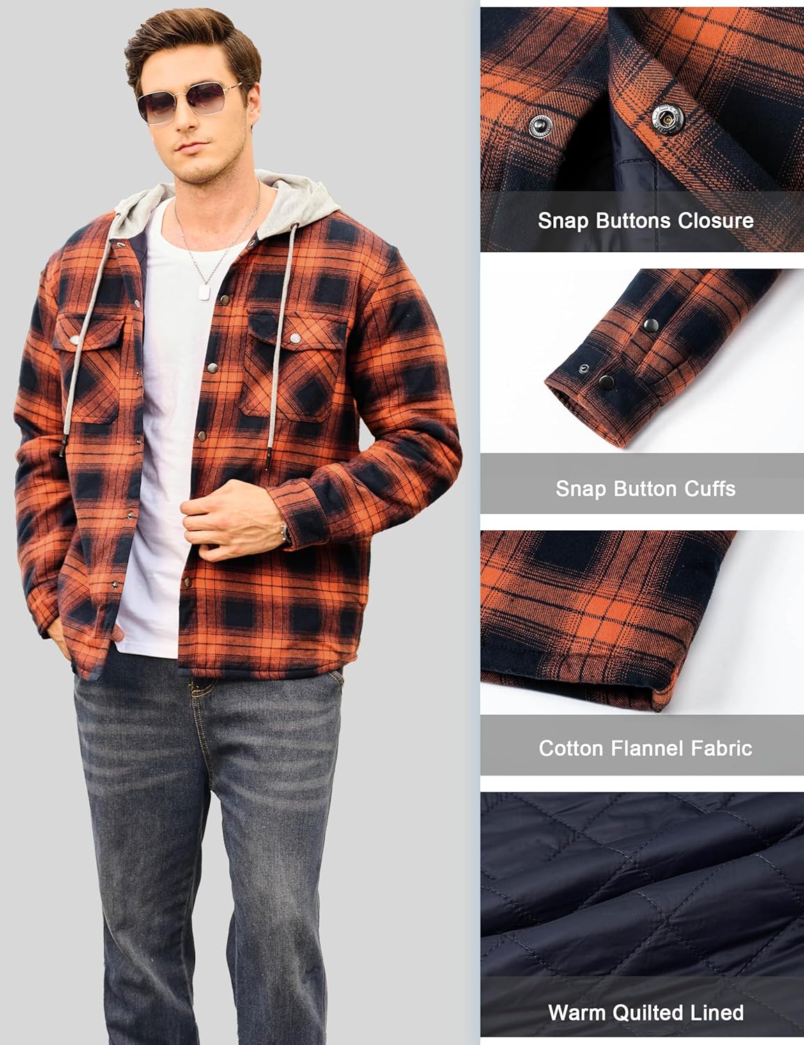 Cotrasen Mens Flannel Jackets Hooded Quilted Lined Long Sleeve Button Down Cotton Plaid Shirt Jacket Shacket Warm Winter Coat