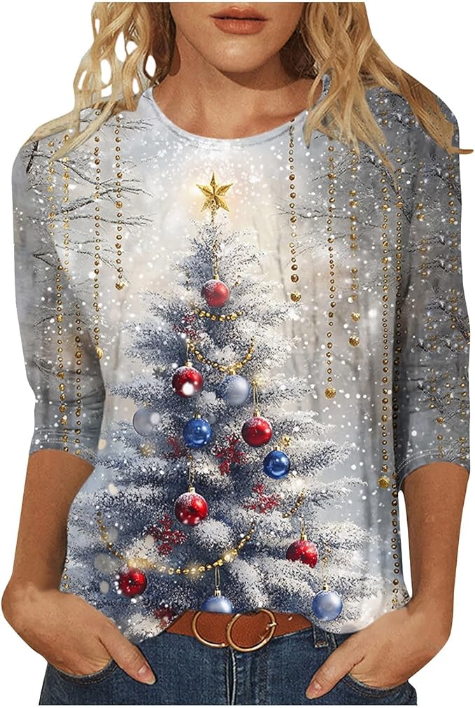 3/4 Sleeve Christmas Shirts for Women Cute Xmas Trees Graphic Tee Shirt Holiday Party Tops Crewneck Xmas Pullover