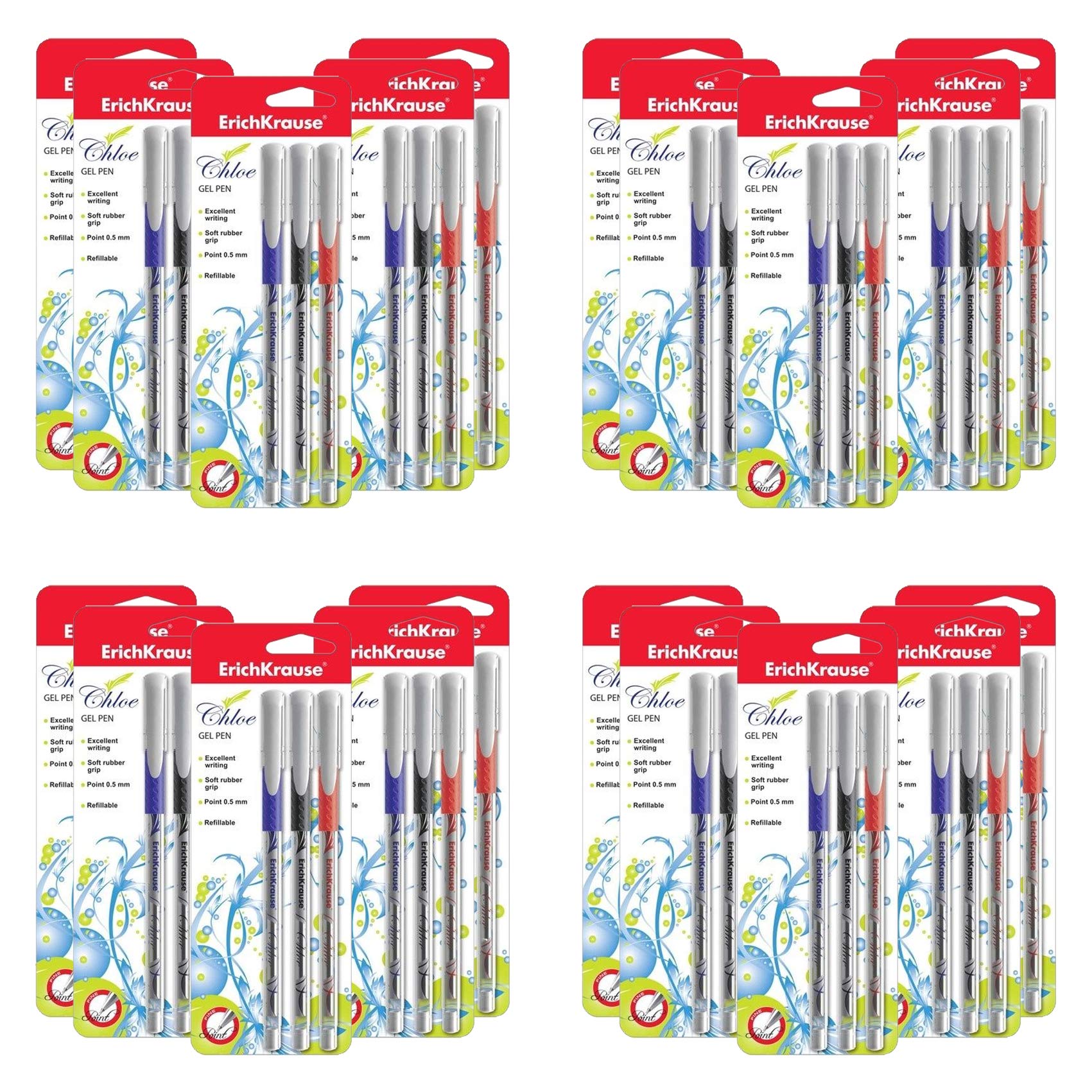 20 x Erich Krause Chloe 3PC Gel Ink Pens - Black, Blue & Red Gel Ink Pens - 0.5mm Fine Point - Refillable (Refills Not Supplied) - Great Value Multi Buy Sets - Ideal for School, Home & Office Use.
