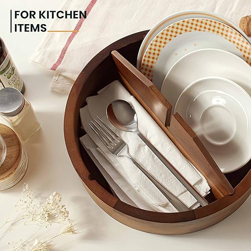 Miniatura 6 de Organizador Lazy Susan de madera de acacia de 12 pulgadas con 4 divisores, plato giratorio de madera para mesa, encimera, bandeja de almacenamiento
