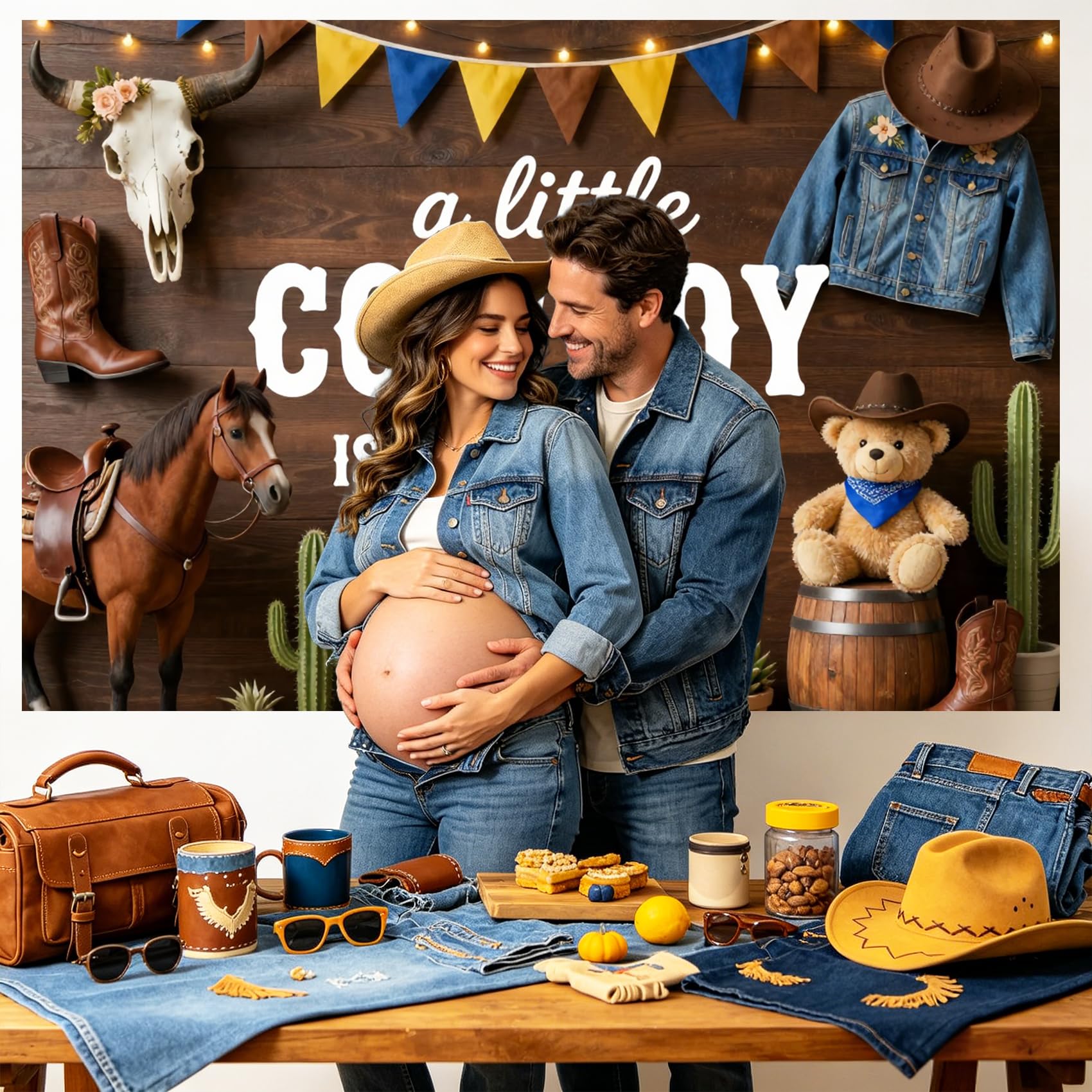 6x3m Sfondo in legno per baby shower a tema cowboy, striscione per la festa Un piccolo cowboy sta arrivando, articoli per la rivelazione del sesso del neonato in stile Far West,western