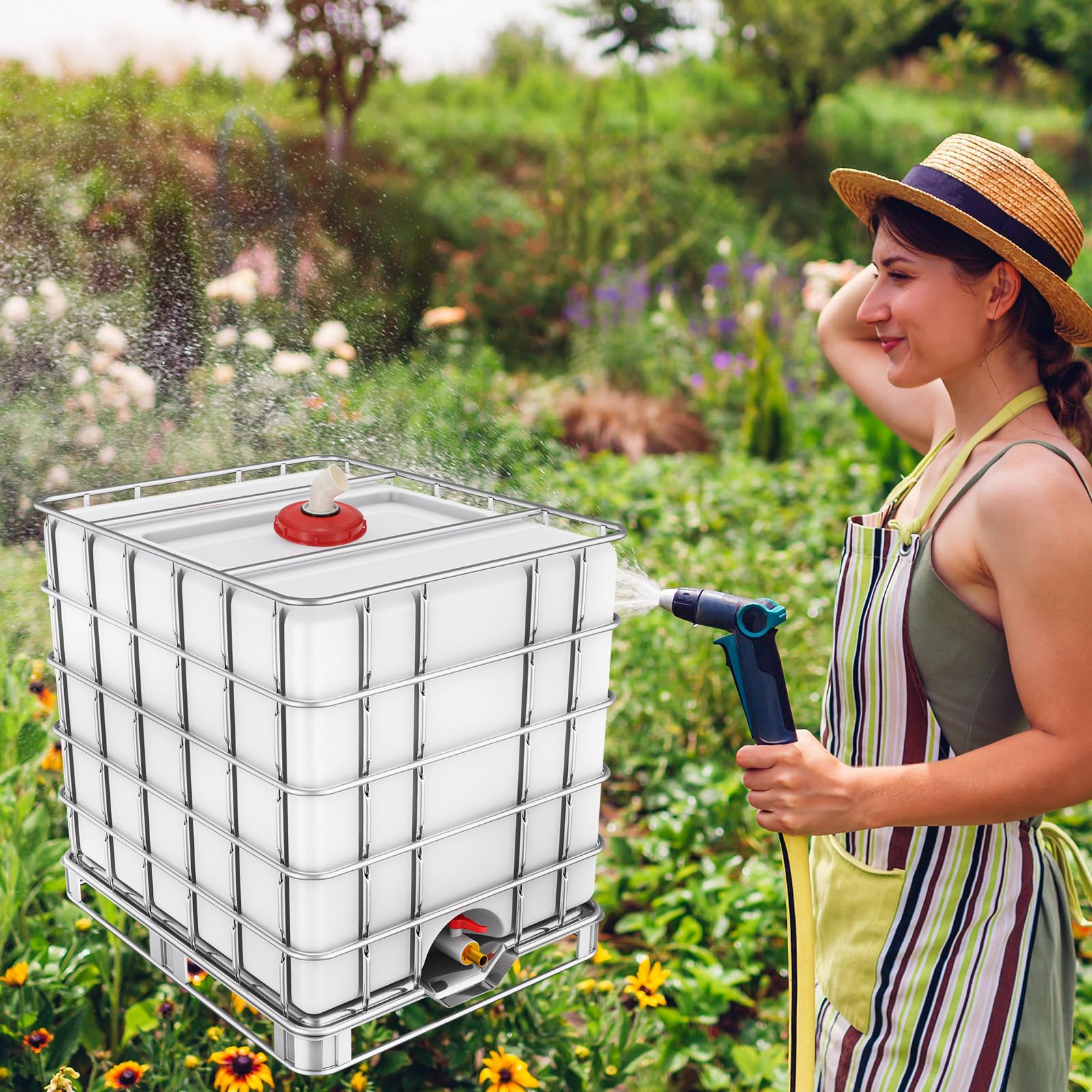 sourcing map Tapa de filtro IBC de 245 mm, adaptador de manguera de plástico IBC de 45°, contenedor de tanque de agua de lluvia de 1000 L con filtro de nailon lavable para tanques de agua de 275