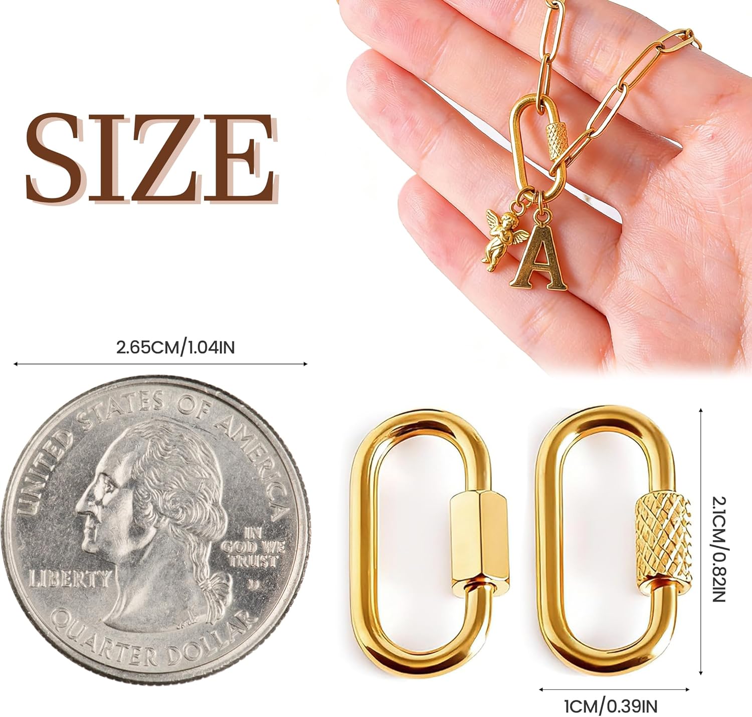 Stainless Steel Screw Lock Charms Carabiner Bracelet, 18K Gold Plated, 10 Pieces, DIY Jewelry Making Connectors, 0.83 x 0.43 Inch, Necklace Charm Holder Clasps