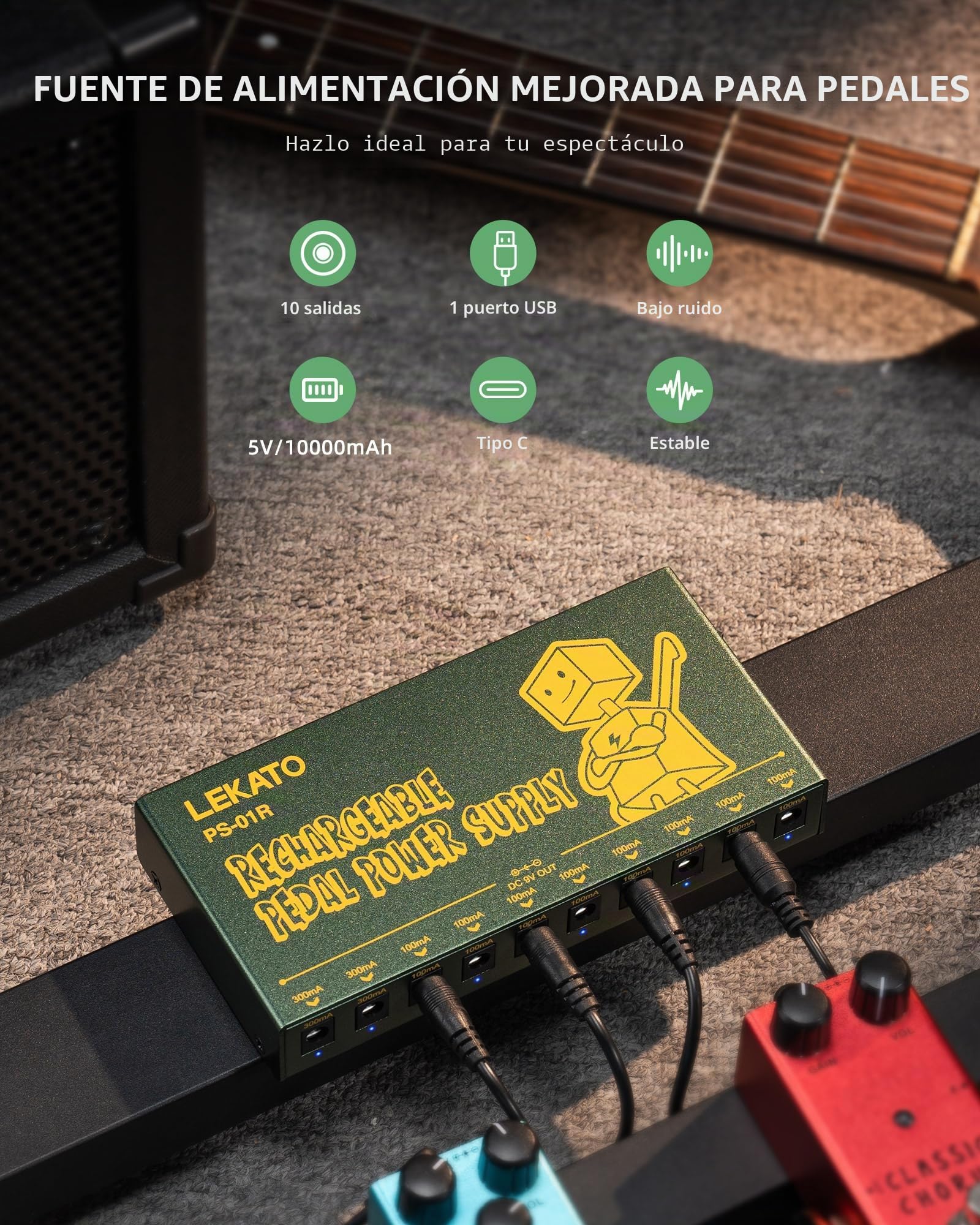 Fuente de alimentación recargable LEKATO para pedal de guitarra, batería integrada de 10000mAh, 10 salidas CC aisladas de 9V, fuente de alimentación para efectos con protección contra cortocircuitos