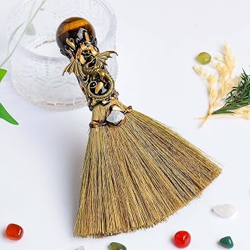 Natural Crystal Heart Shaped Magic Broom Crystal Witch Broom Reiki Gemstone for Cleansing Healing Fengshui Home Decor Gifts Ball-Tigers Eye, 6.3-6.69"