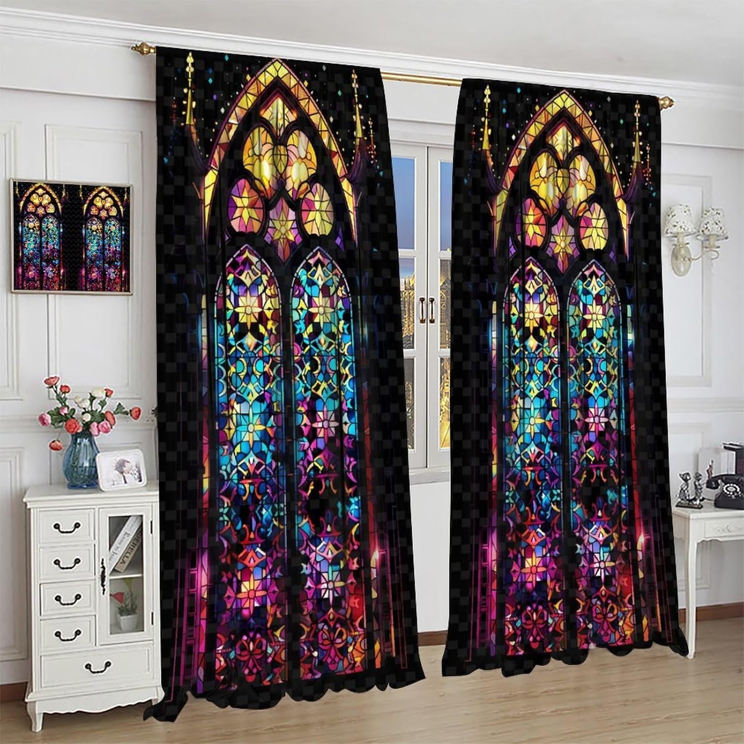 Stained Glass Curtains, Mid Century Colorful Abstract Geometry Vintage Window Treatments for Bedroom Living Room Kitchen Home 2 Panel, 63x72 Inch