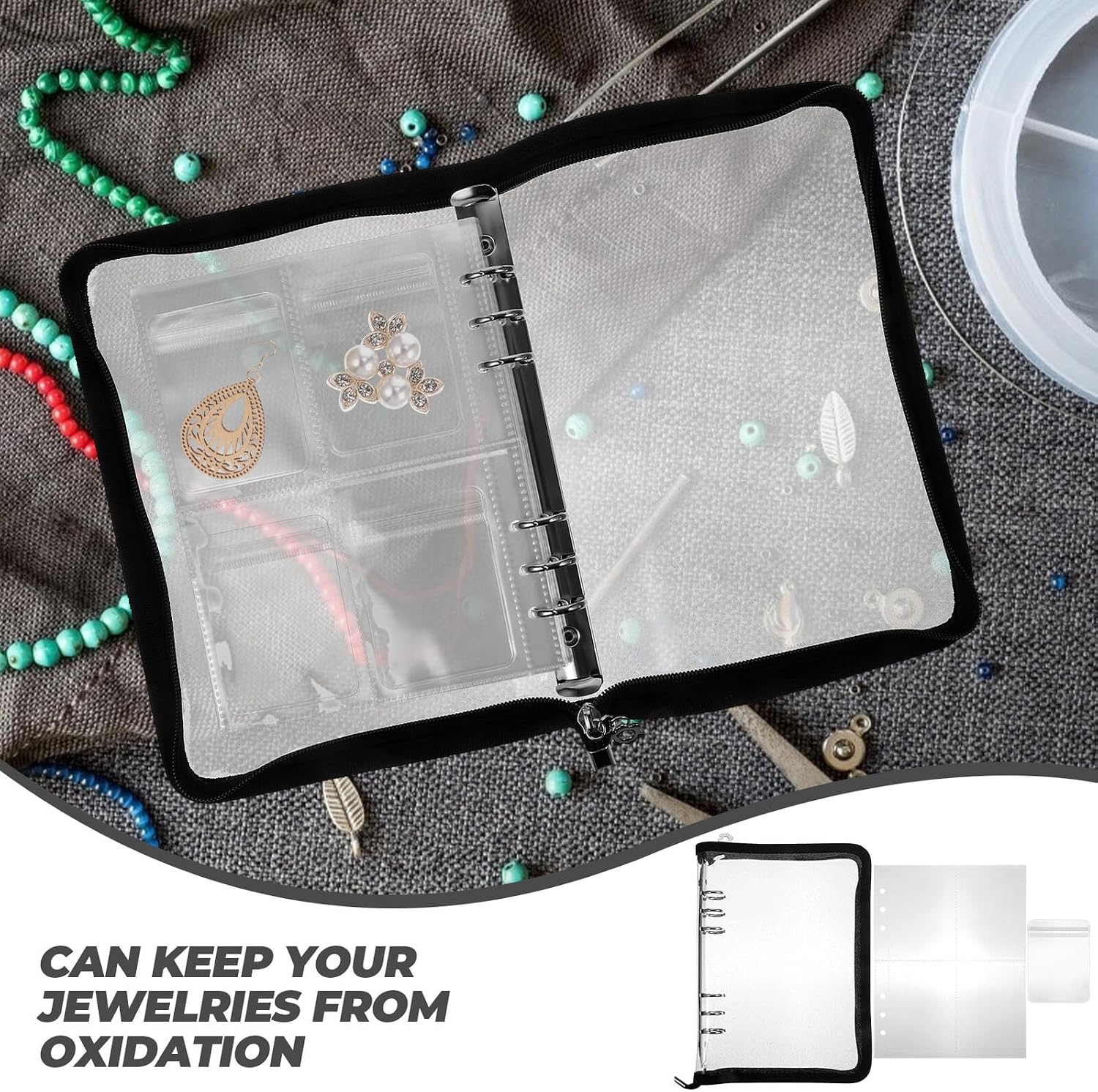 Ciieeo Jewelry Storage Book with Anti-oxidation Sealed Bags, Jewelry Organizer for Necklaces Earrings Rings, Portable A5 Zip Pouch Set with 80 Small Storage Bags for Travel and Dust