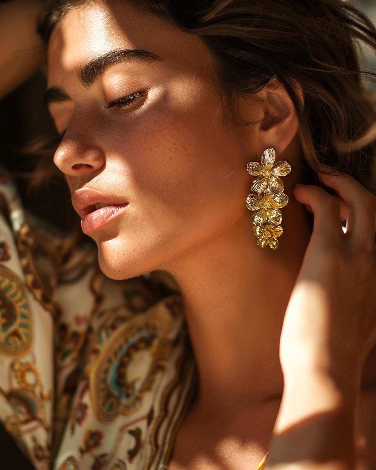 18K Gold Plated Large Chunky Flower Statement Earrings for Women by SNGIA, Summer Beach Floral Handmade Drop Jewelry, Maximalist Wedding Date Birthday Gift, Bold Exaggerated Textured Dangle Trendy Ribbed Jewelry, 18K Gold Plated Chandelier Fashion Accessories, Vintage Hammered Thick Nickle Free Gifts. - Image 3