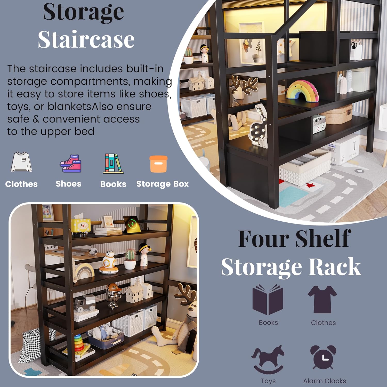 Full Size Loft Bed with Stairs and Storage Rack, Metal Gaming Loft Beds with LED and Charging Station, High Loft Bed with Upper Shelf & Tall Guardrails for Kids Teens, Adults, Black