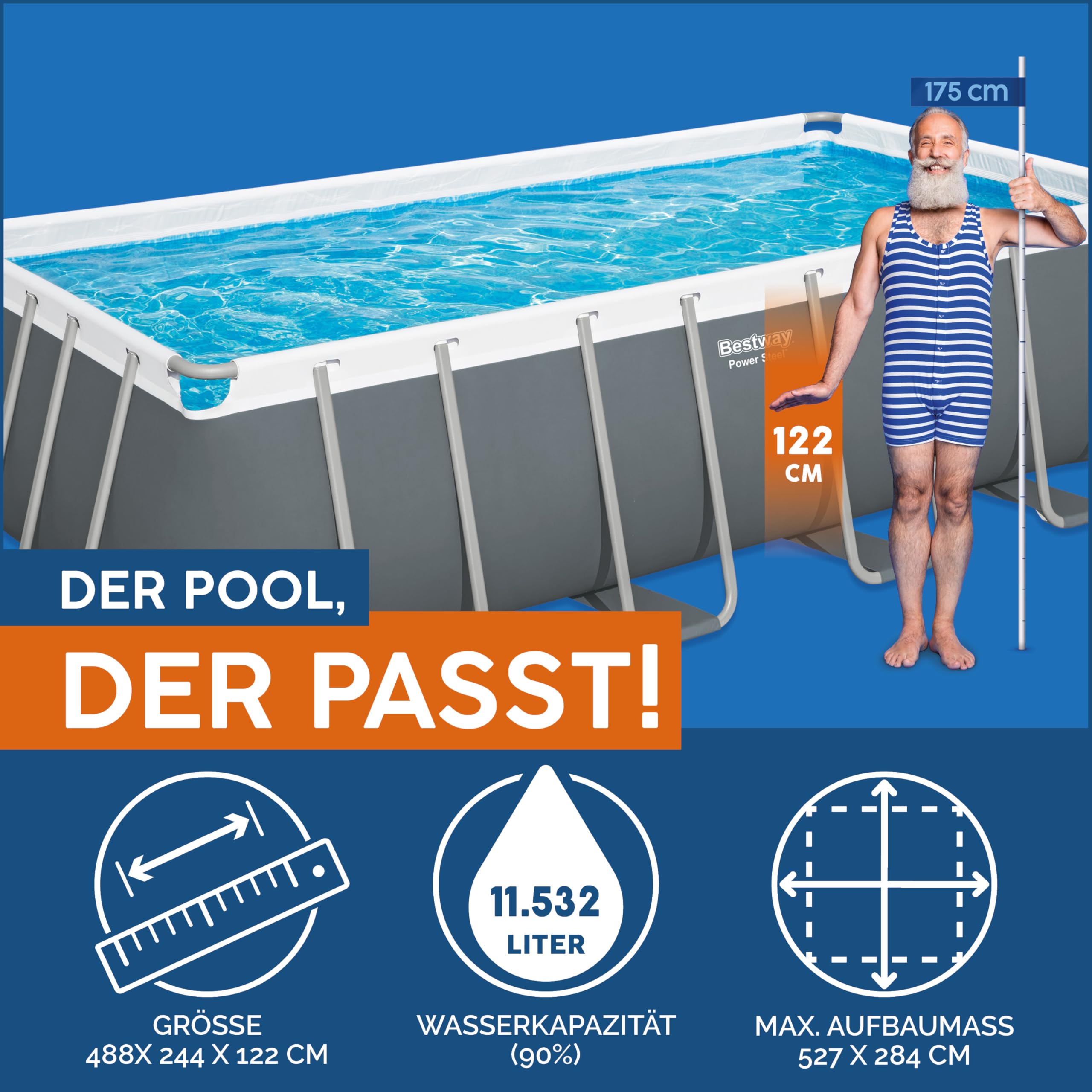 Bestway Power Steel Frame Pool Komplett-Set mit Sandfilteranlage 488 x 244 x 122 cm, grau, eckig