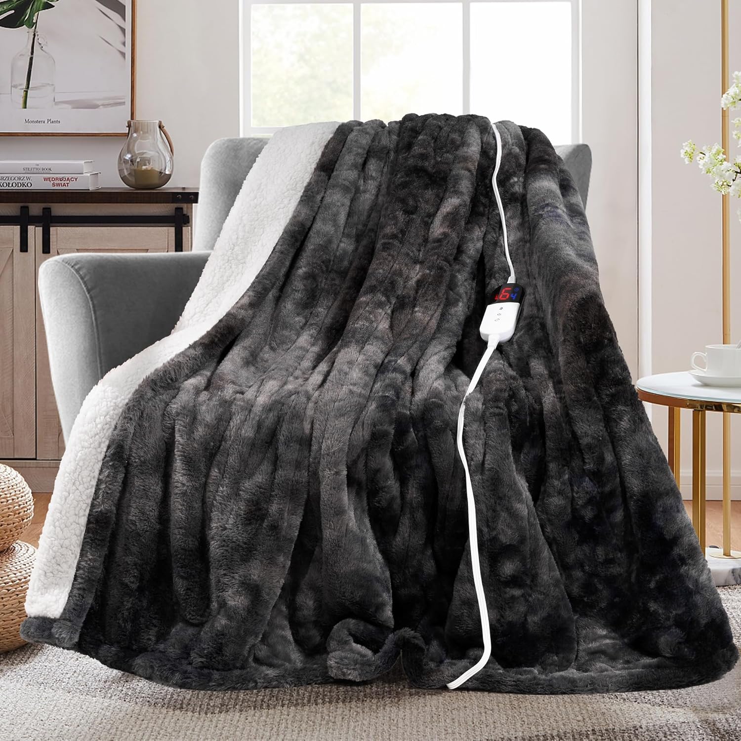 MAXEVE Electric Heated Throw Faux Rabbit Fur Blanket with 6 Heating Levels & 4 Hours Auto Off, Fast Heating Warm Cozy Sherpa Washable Blanket with Over-Heat Protection, ETL Certification, Grey Grey Throw-50" x 62"