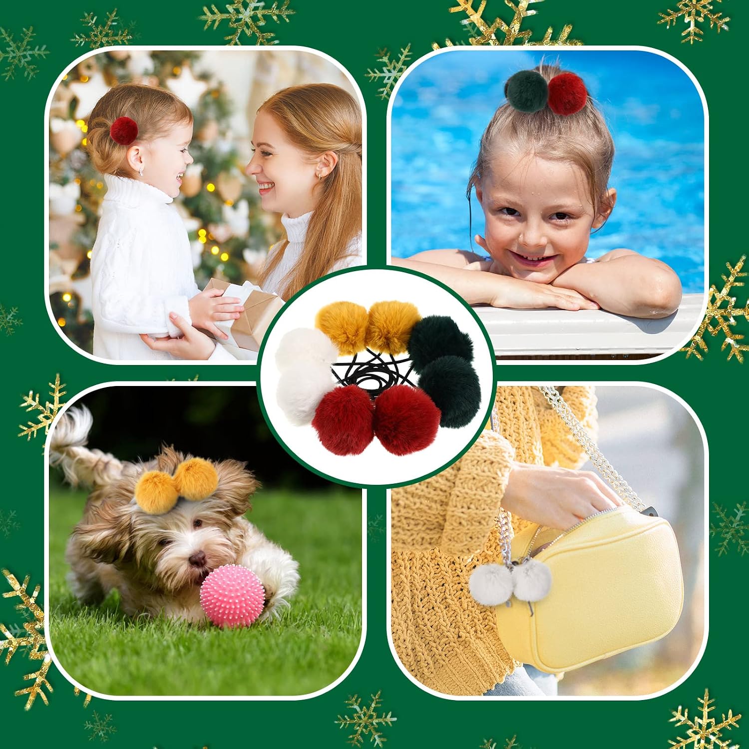 8 Pcs Fluffy Elastic Hair Accessories - Pom Pom Ball Scrunchies in 4 Colors (White, Wine Red, Dark Green, Yellow) for Girls and Toddlers, Ideal for Pigtails