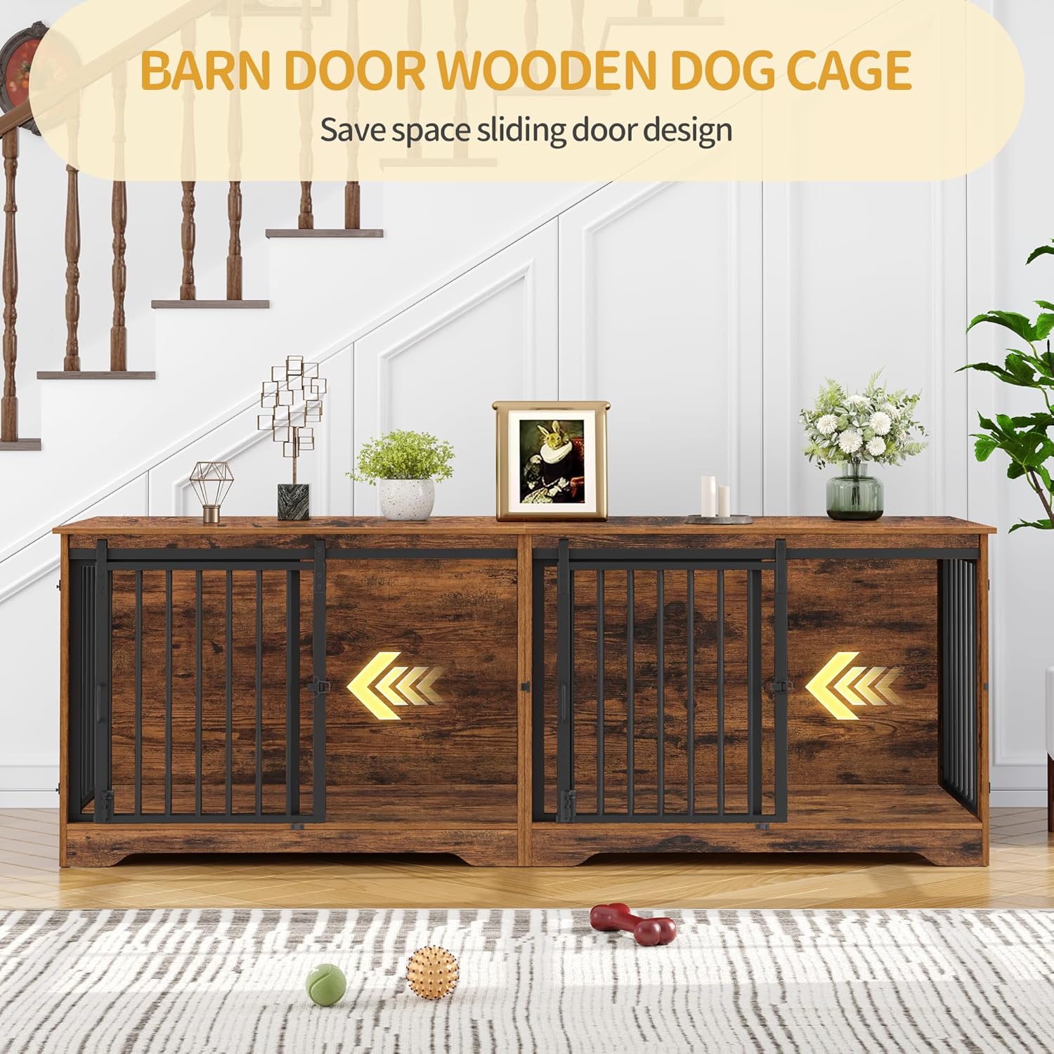 Hzuaneri 78" Dog Crate Furniture for 2 Dogs, Double Dog Cage with Divider, Wooden Heavy Duty Dogs Kennel, Pet Cage with Barn Door, TV Stand for Large Small Medium Dogs, Rustic Brown DFC83701BV1