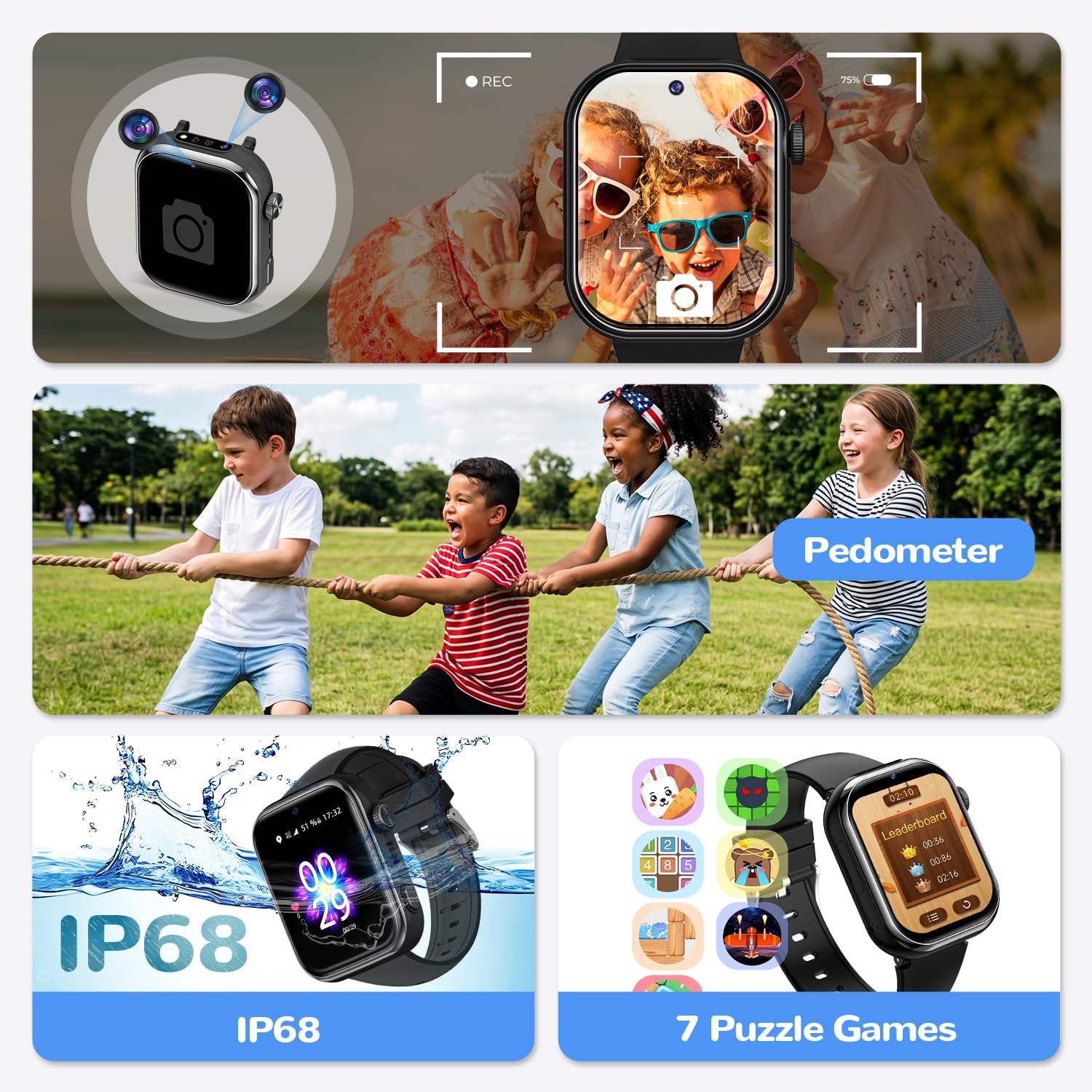 4G Montre Connectée Enfant, Montre Telephone Enfant avec GPS, Appel Vidéo, Chat Vocal, Double Caméra, SOS, Mode École, Podomètre, Réveil, Appareil Photo, IP68, Smartwatch pour Garçons Filles, Noir