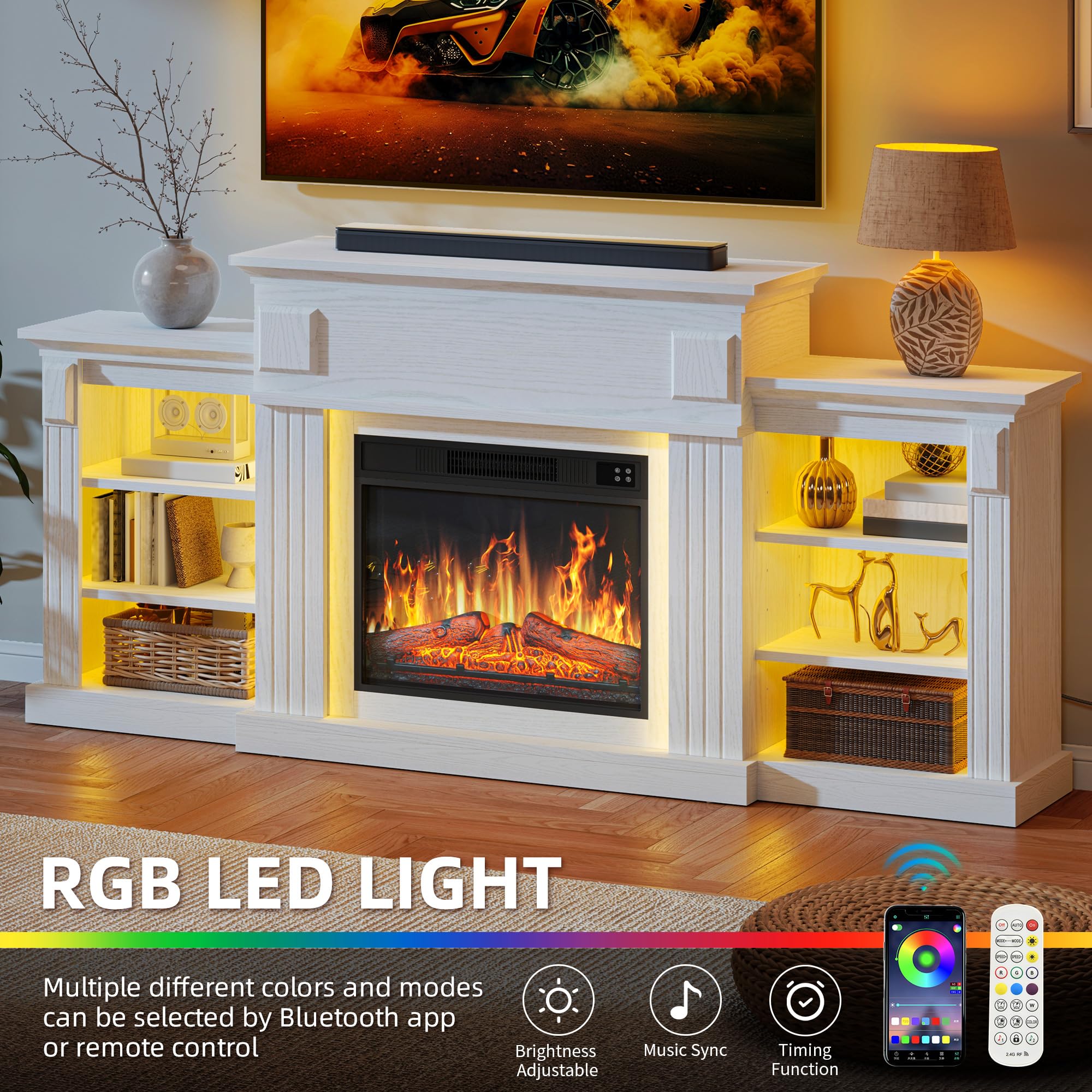 Ameriwood Home Lumina Mobile TV Con Camino Elettrico - 70 Pollici, Bianco, Con Luci LED E Telecomando