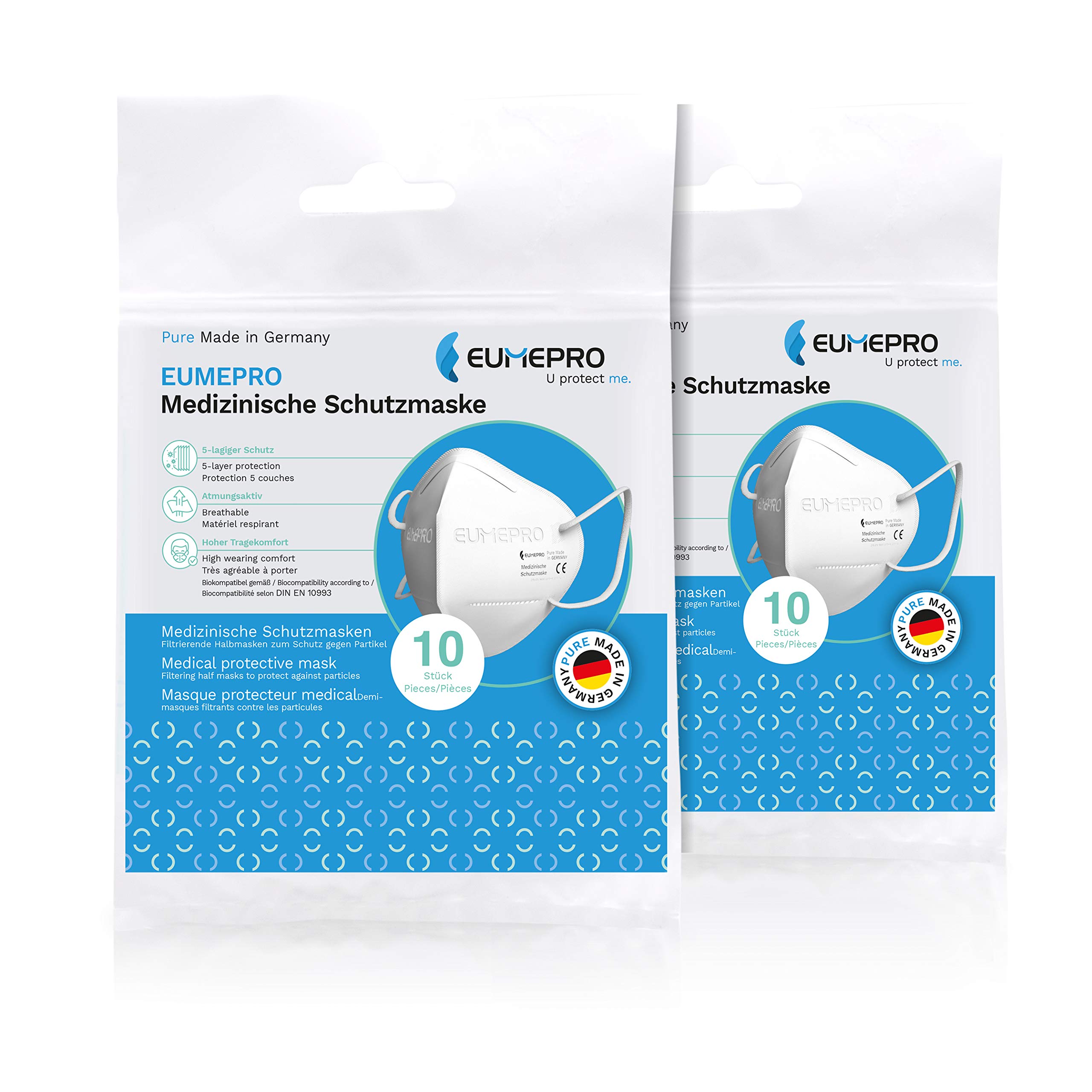 EUMEPRO Surgical Face Mask FFP Shape, Pure Made in Germany, 20 Face Masks, DIN EN 14683 Type IIR Certified, 99,8% Bacterial Filtration Efficiency, Disposable Facemasks for Mouth and Nasal Protection