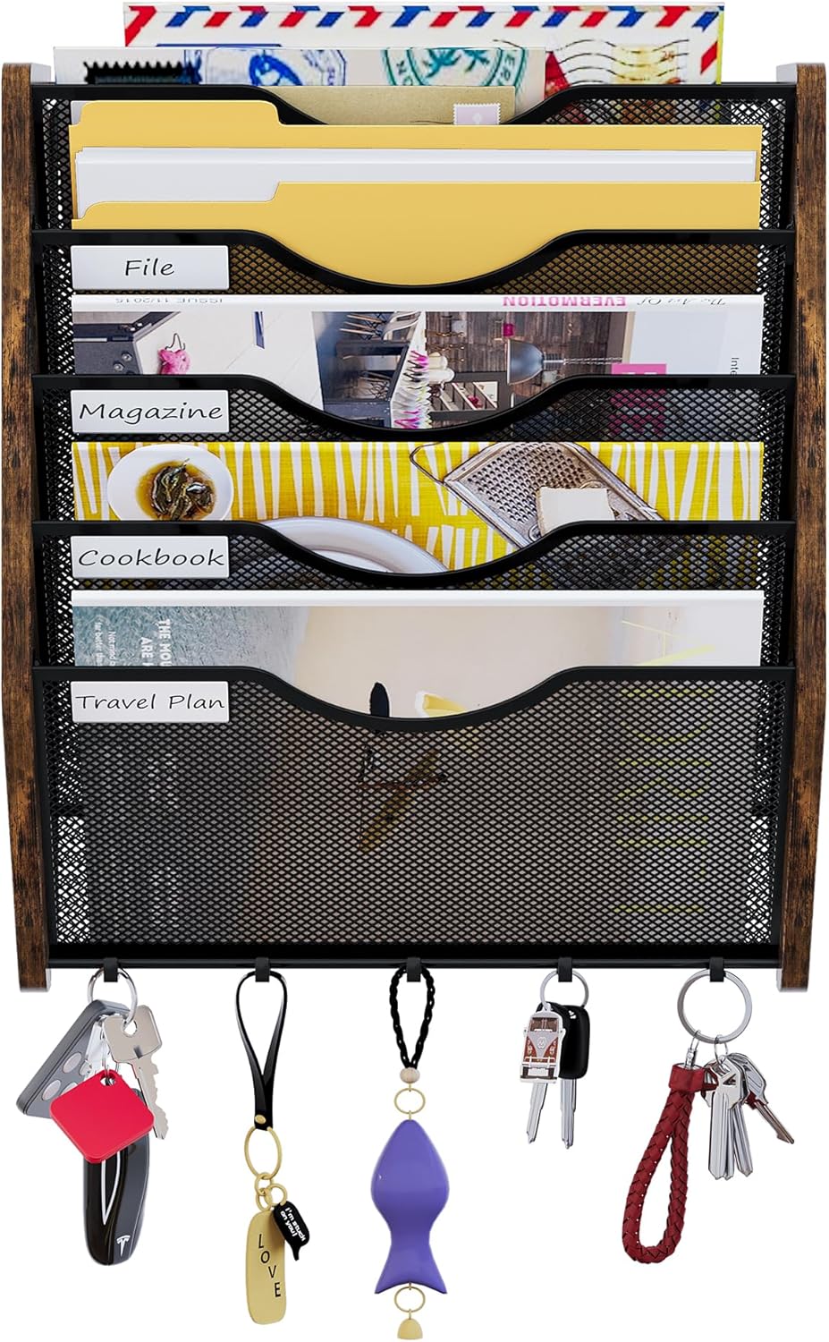 Wall File Organizer With Hooks, 5 Tier Mesh Mail Organizer Wall Mounted,Hanging File Organizer,Magazine Holder for Documents,Magazine,Literature,File,Mails,Envelopes