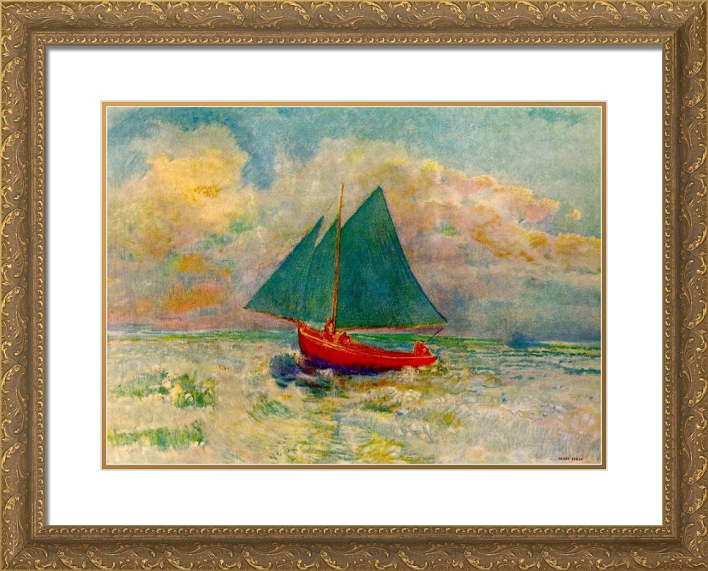 ArtDirect Redon, Odilon 24x20 Gold Ornate Framed Art Print with Double Matting Titled: Red Boat With Blue Sails