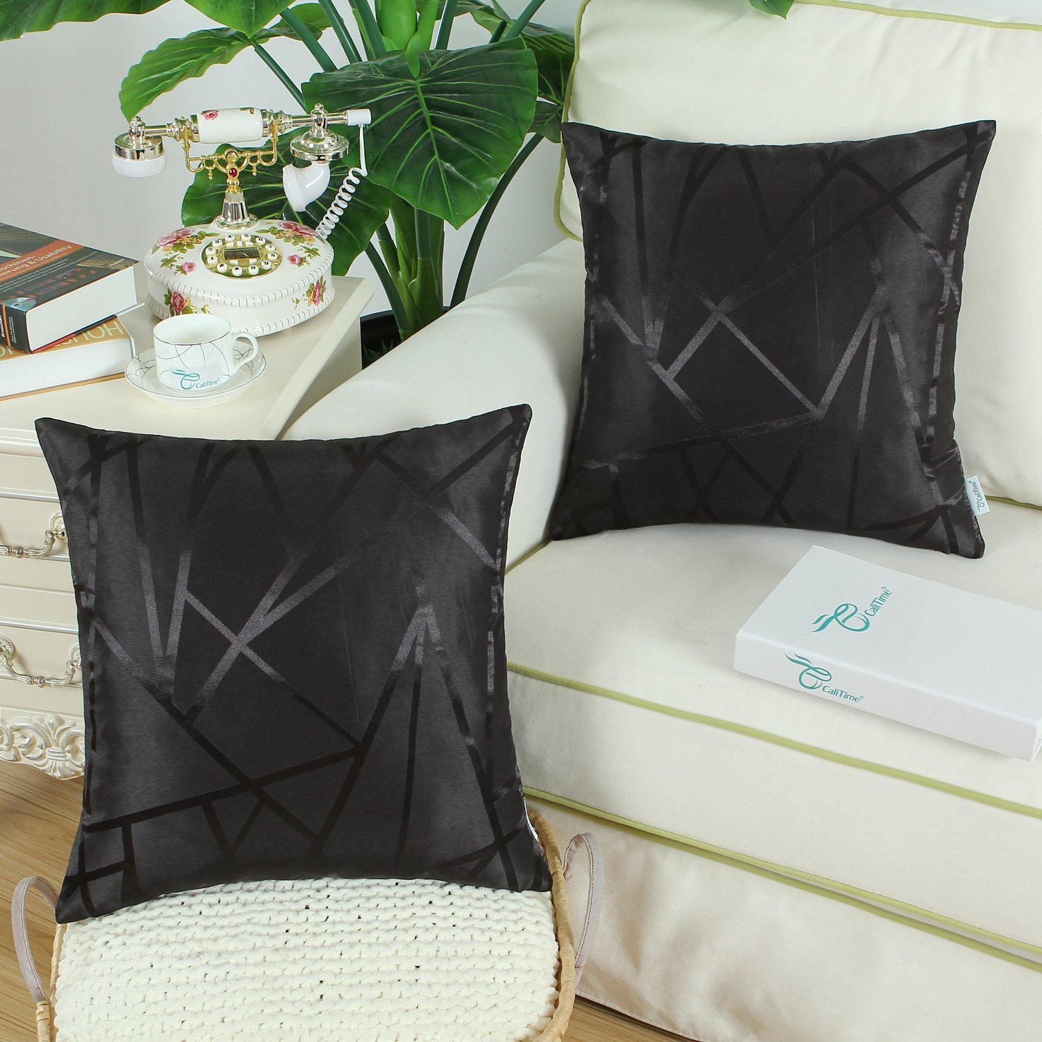 2 Federe Cuscino Quadrate Jacquard | Geometrico Moderno Nero Argento | 40x40 Cm | Aeckself
