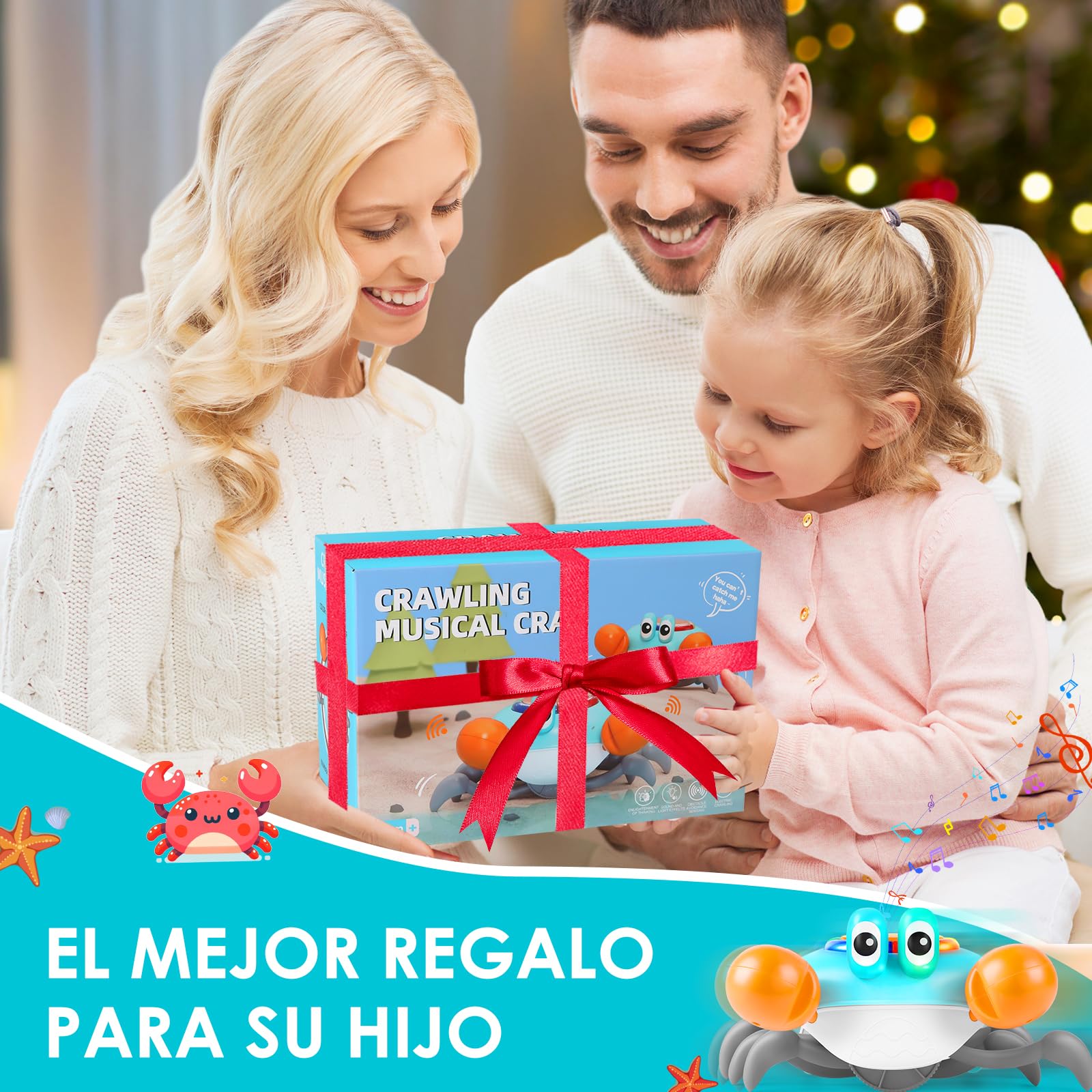 Aragallant Cangrejo bebé juguete, cangrejo electrónico para gatear a partir de 3, 4, 5, 6, 7 años, juguete sensorial para gatear con música y evitar obstáculos, Tummy Time Toys regalos para niños y
