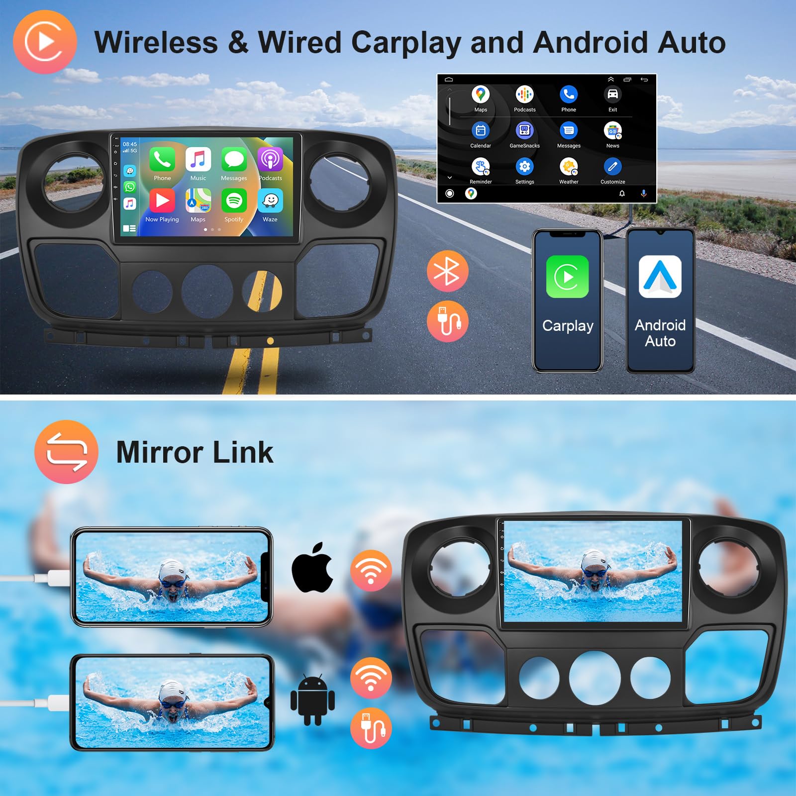 Hodozzy 2G+64GB Android Autoradio pour Opel Movano 2 Renault Master 3 Nissan NV400 2010-2021 Carplay Android Auto, Écran Tactile 10,1 Pouces, WiFi GPS, Bluetooth, FM/RDS Radio Voiture 2 Din + Caméra