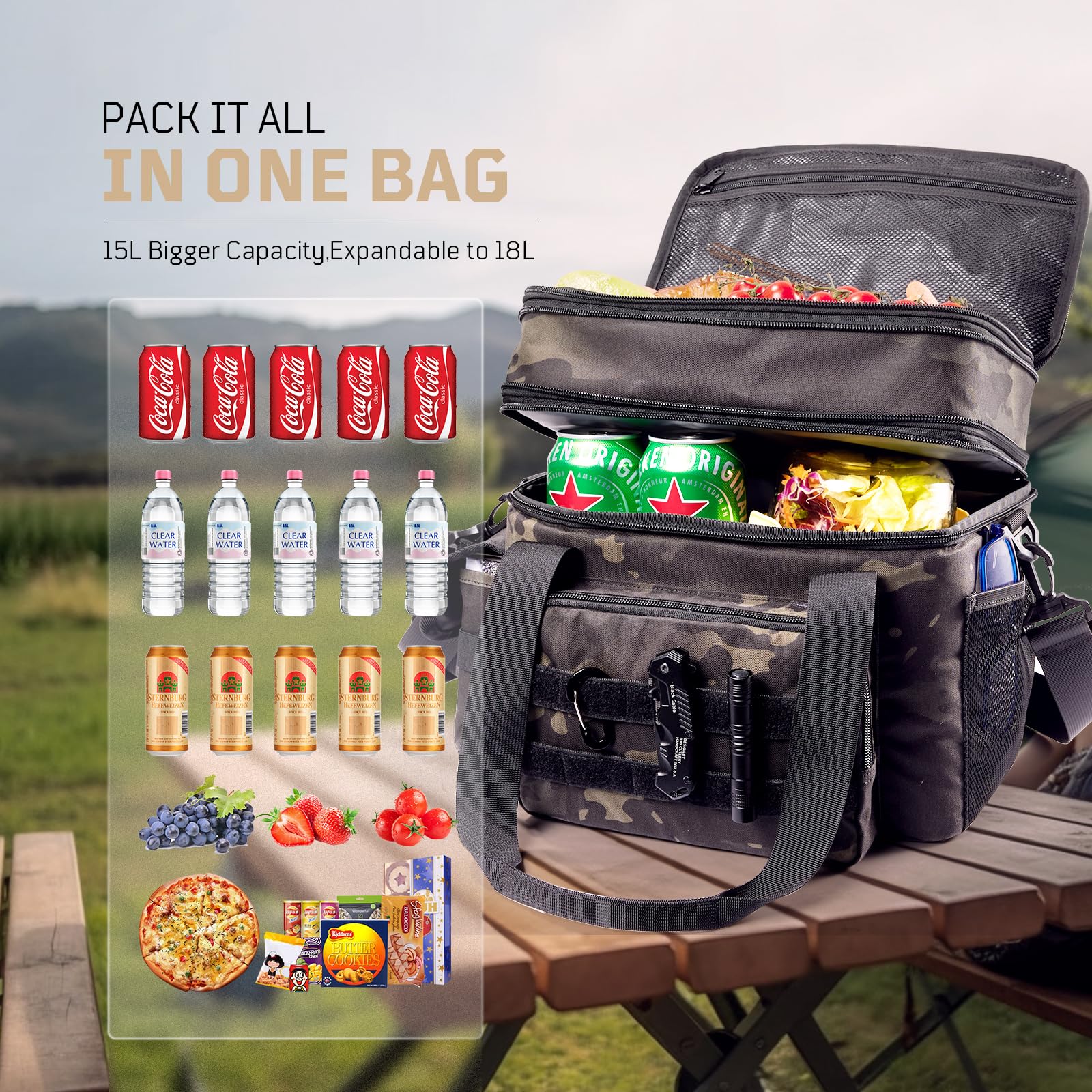 1TG Tactical Borsa termica per il pranzo, espandibile, da uomo, a prova di perdite, grande, con supporto a spalla, riutilizzabile, per lavoro, viaggi, campeggio, picnic, spiaggia, 18-24 l
