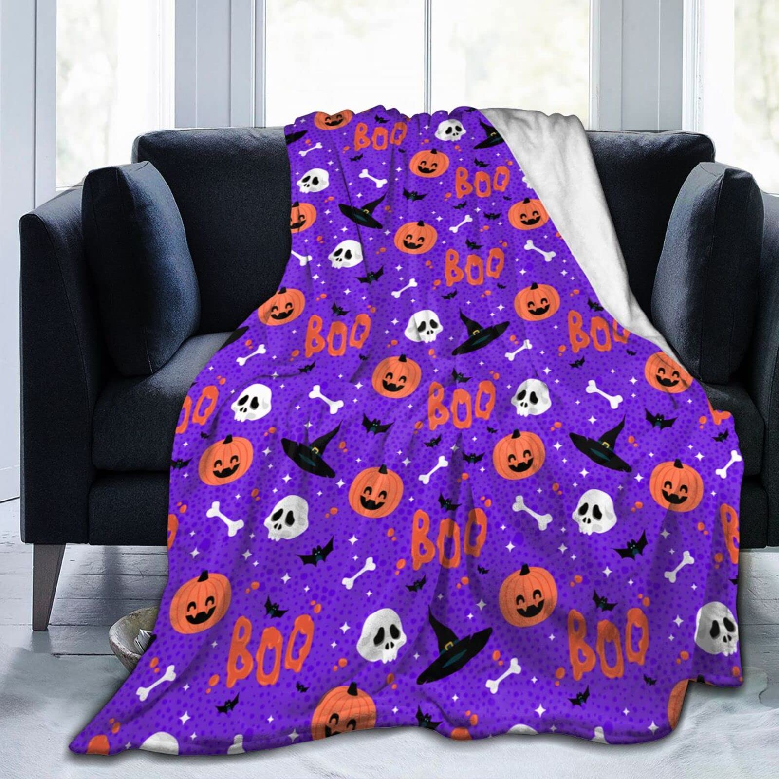Lsjuee Halloween Pattern with Pumpkins Skulls Bones Bats Throw Blanket Warm Blankets Lightweight Soft Cozy Flannel Funny Halloween Blanket for Sofa Couch Bed 80"X60"