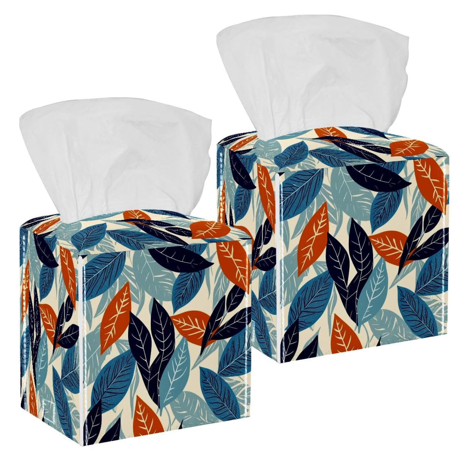 Leaves Tissue Box Cover, 2 Pack PU Leather Square Facial Tissue Dispenser Box holder for Home Office Car