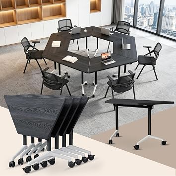 Folding Conference Table with Wheels ,Trapezoidal Conference Room Table , Modular Conference Table for 2-12 People,Flip Top Mobile Training Table for Classroom,Office & Seminar 2, Embossed Black