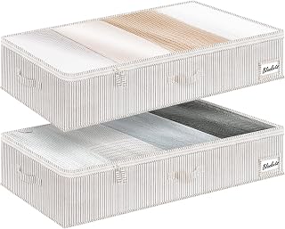 StorageWorks Unterbett Aufbewahrung, große Unterbett Aufbewahrungsbox mit Deckel Stoff, faltbare Unterbettkommode für Kleidung, Decken und Schuhe, Organizer-Bettkasten, grau-weiß gestreift, 2 Stück