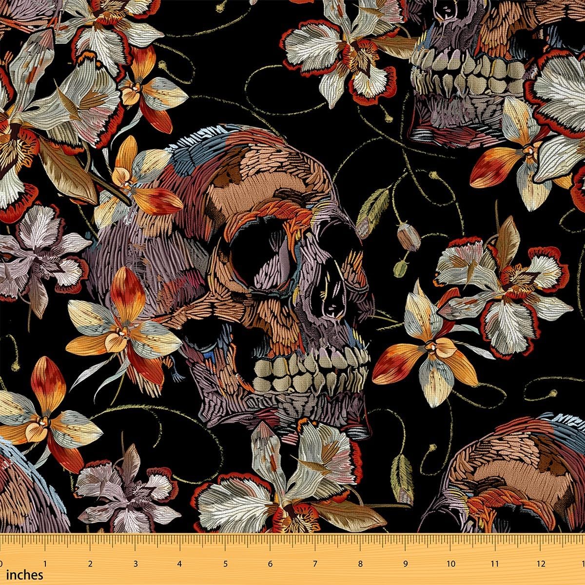 Skull Print Fabric by The Yard Watercolor Retro Wild Flowers Decor Fabric for Craft Art Lovers Outdoor Botanical Floral Jungle Style Fabric for DIY Upholstery and Home Accents 3 Yards,108" L x 59" W