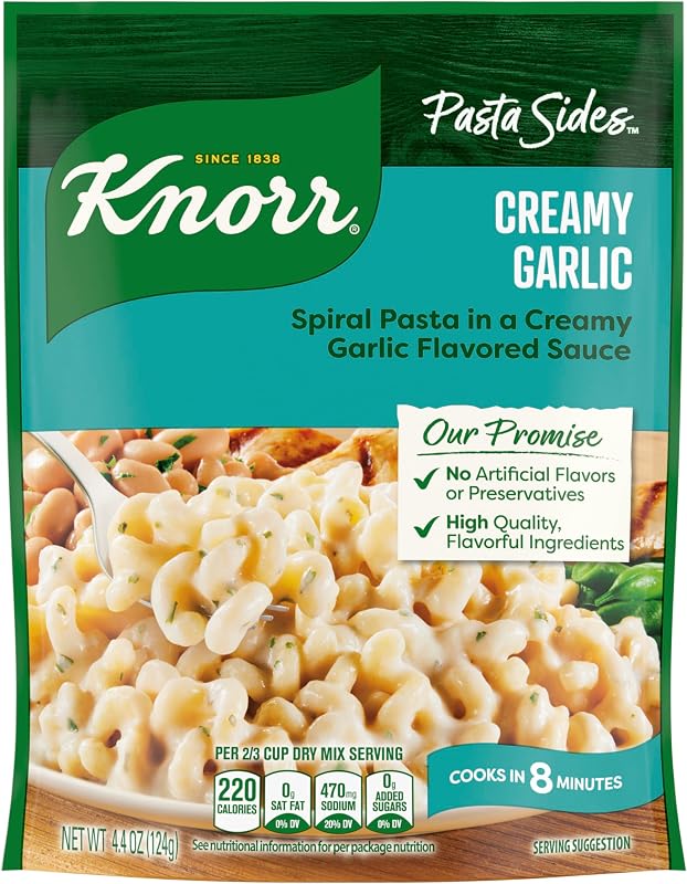 Lados de pasta cremosa con ajo Knorr 4.4 oz | Guarnición rápida para comidas entre semana y preparación fácil de comidas; sin sabores artificiales; sin conservantes; Ajo Cremoso; 4,4 onzas.