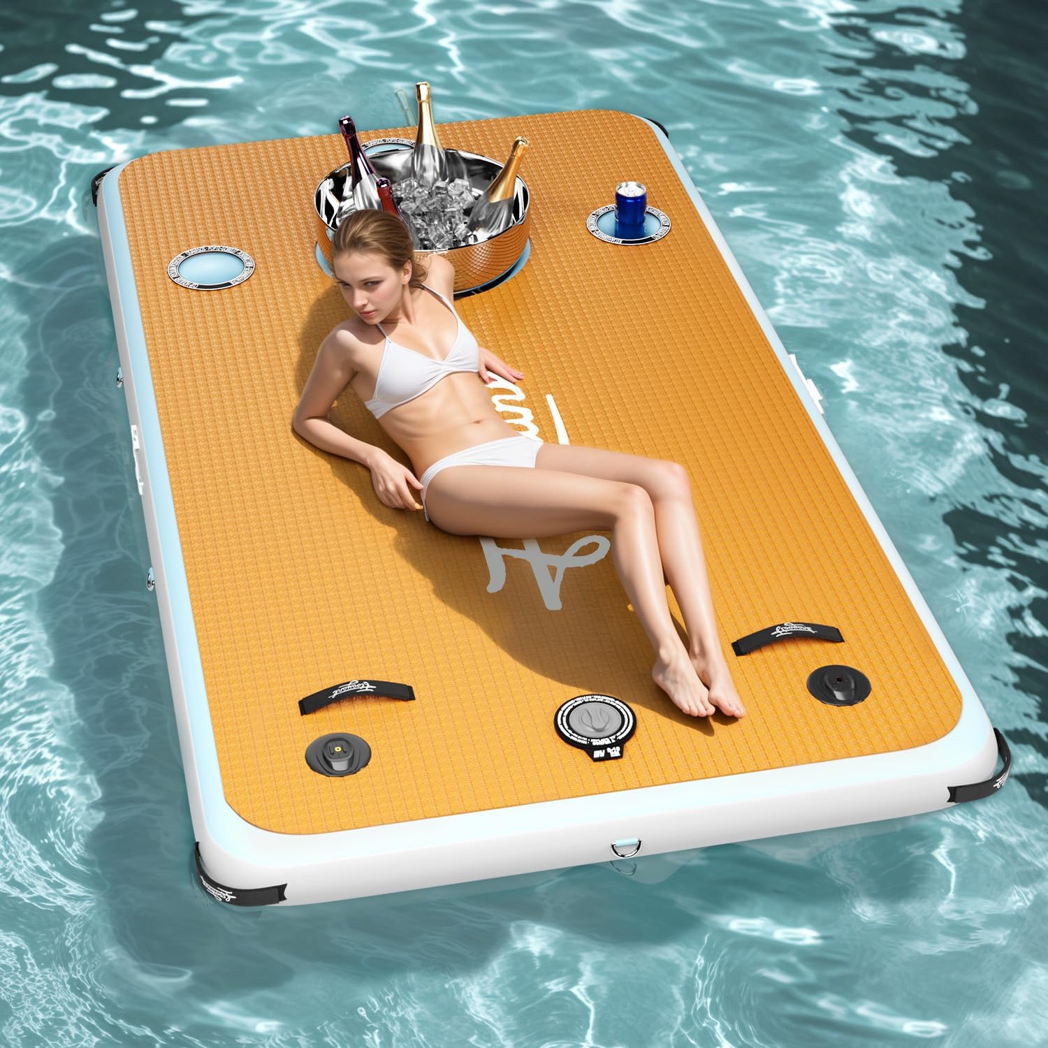 Inflatable Floating Dock 8.5'x4.3' - 1050 lbs for 3-5 Adults - Inflatable Dock with Cup Holders, Ice Bucket & Camera Mount - Floating Island Raft for Lake/Pool/Sea/Boat