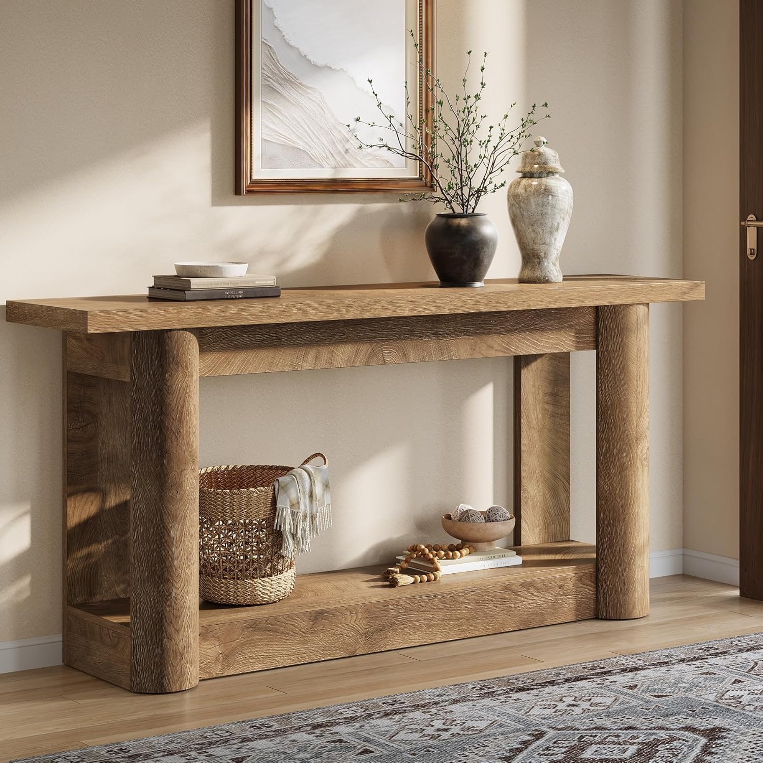 Lailang 160cm Konsola do przedpokoju w Stylu Farmhouse, Prostokątny Stół Konsolowy, Stolik sofa z 2 poziomami, Drewniana Konsola do korytarza, Wąski Stolik wejściowy, 160 x 40 x 76 cm, Brązowy